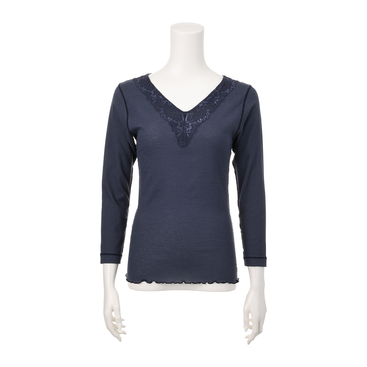 丸福ガーゼ 吸水速乾・抗菌防臭 綿モダール混 レーシー Ｖネック九分袖インナー