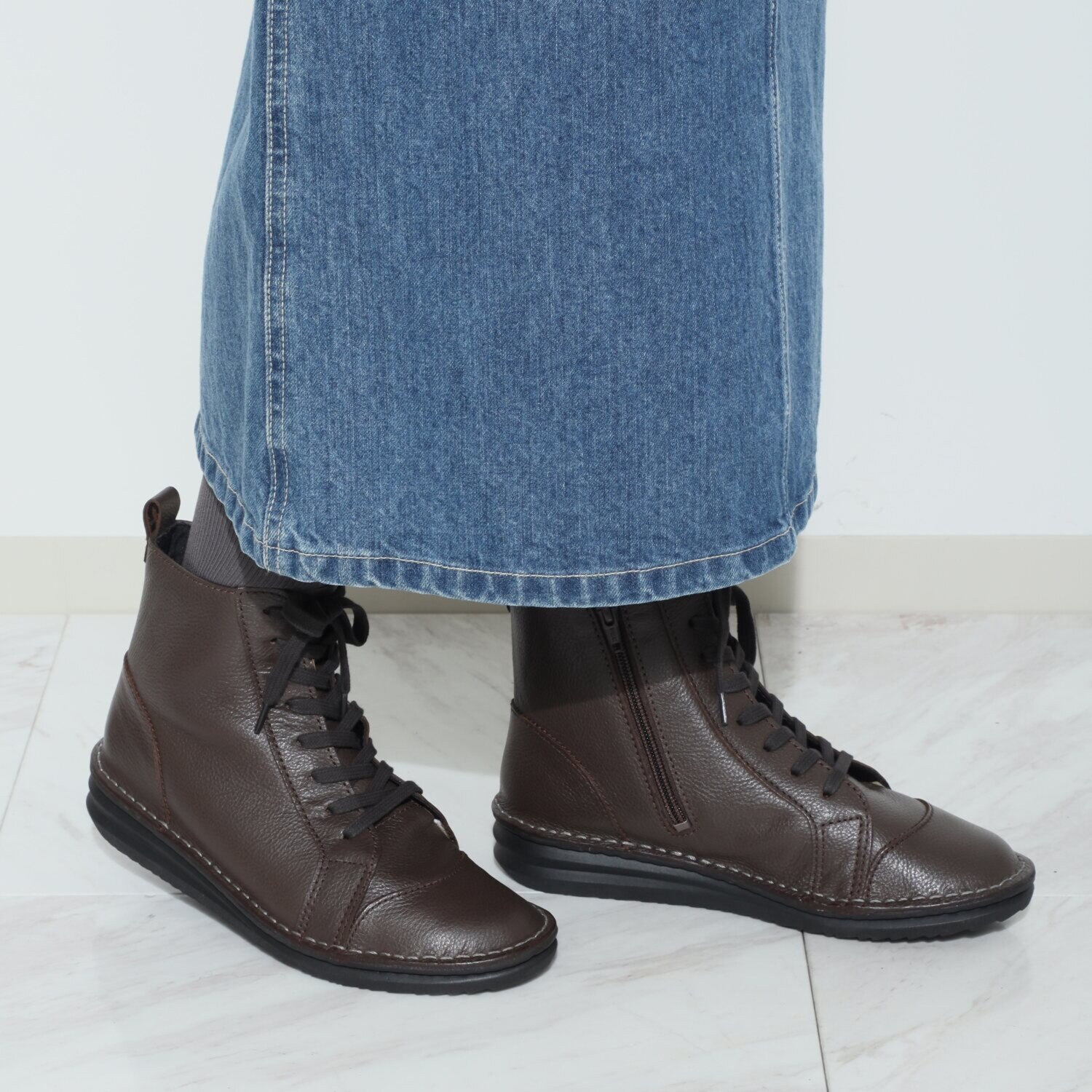 ミントドロップ 牛革 軽量ソール ファスナー付 レースアップブーツ