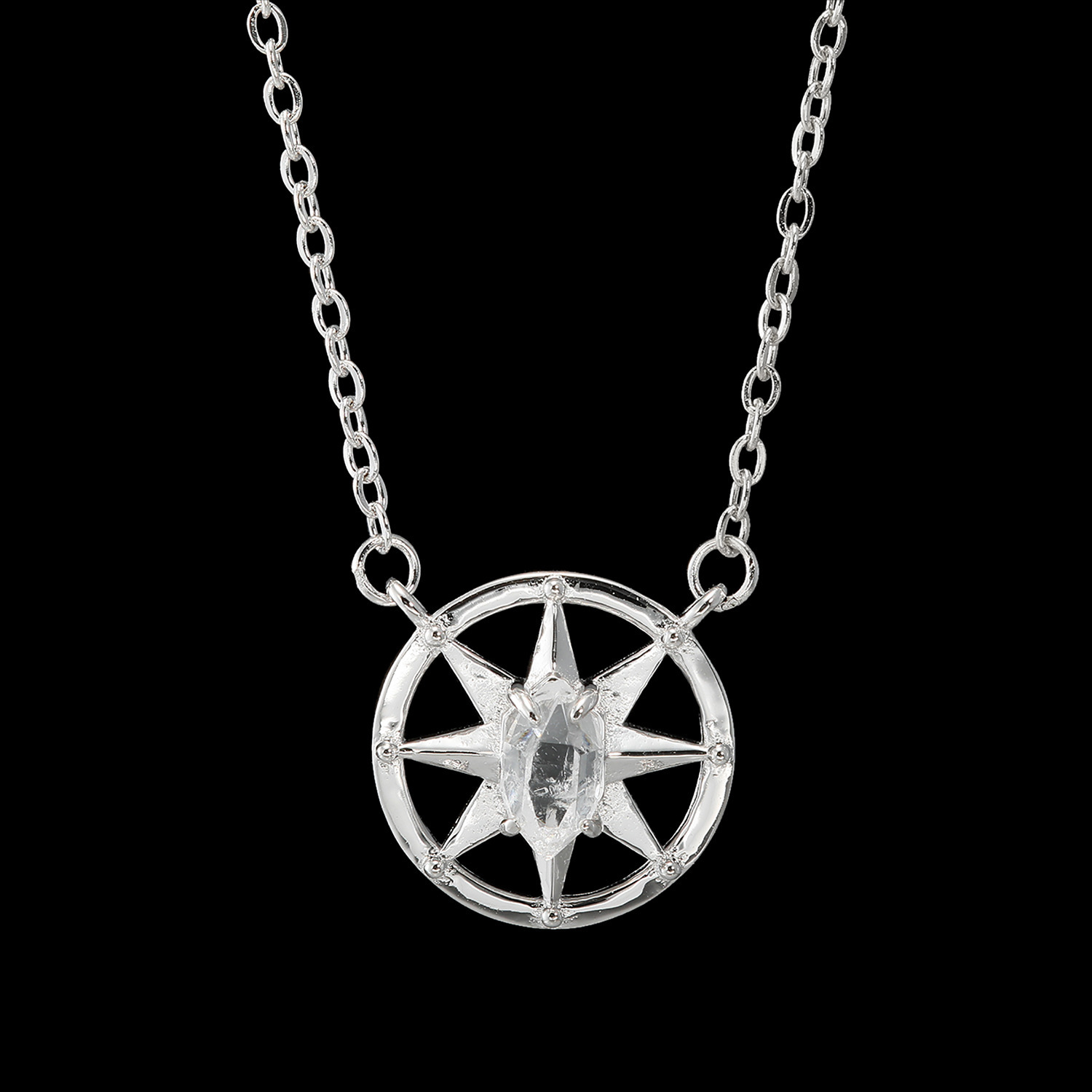 ハーキマーダイヤモンド ステンレスチェーン ７ｍｍＵＰ ロッククリスタルクォーツ コンパスネックレス