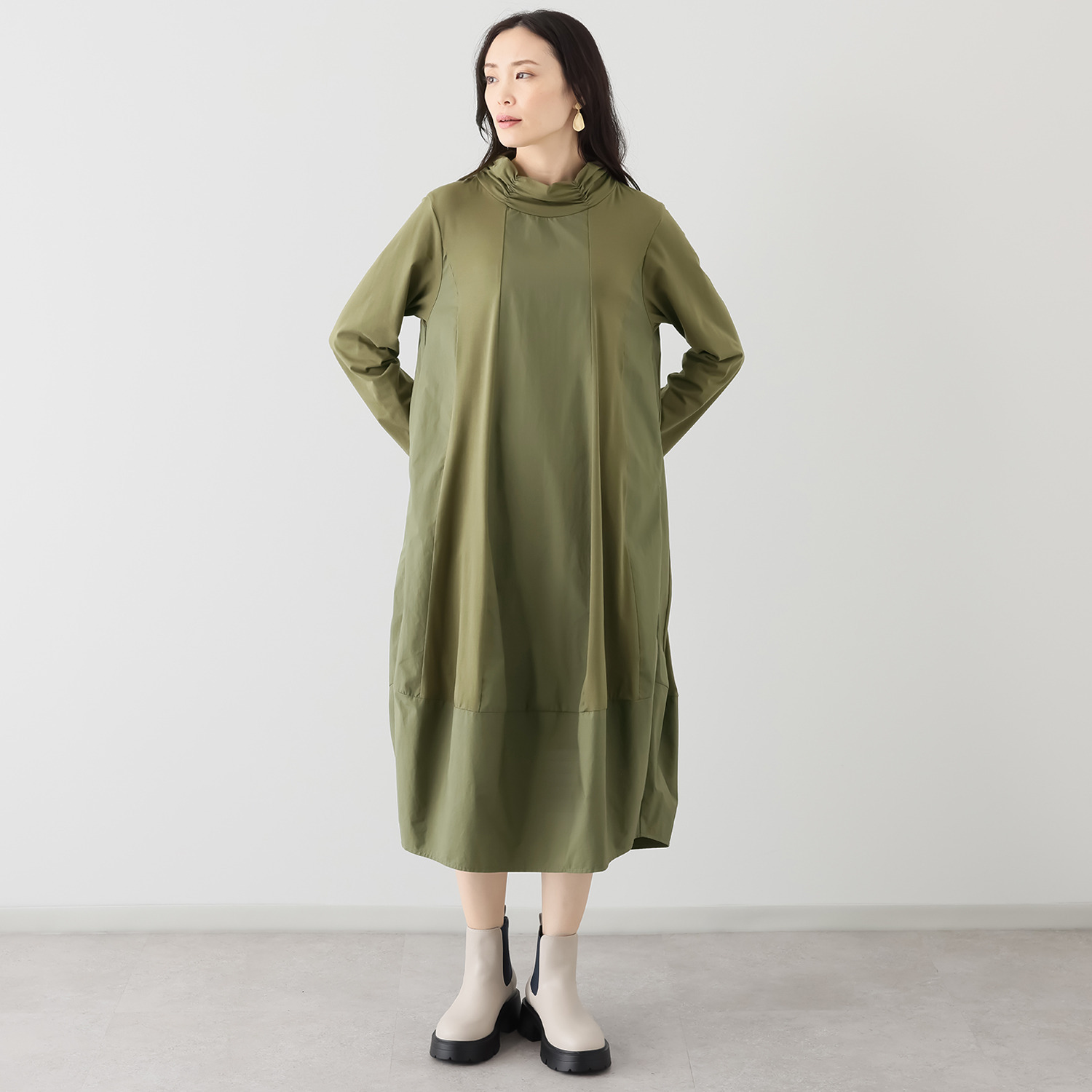 ベルポニー 異素材コンビ バルーンシルエット パネル切替 デザインワンピース