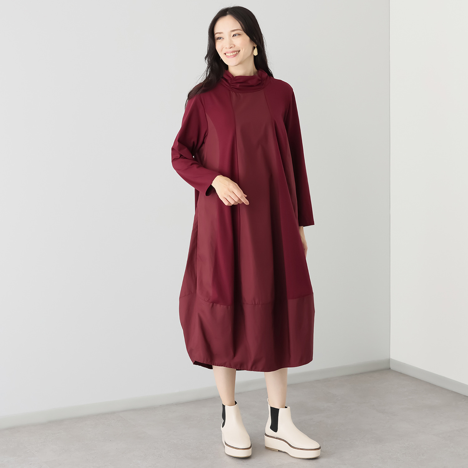 ベルポニー 異素材コンビ バルーンシルエット パネル切替 デザインワンピース