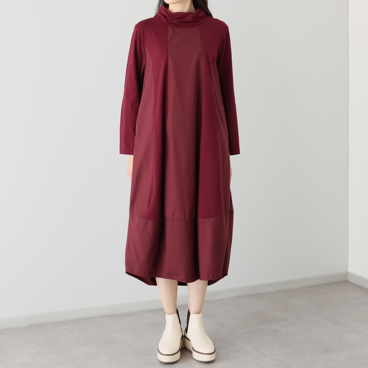 ベルポニー 異素材コンビ バルーンシルエット パネル切替 デザインワンピース