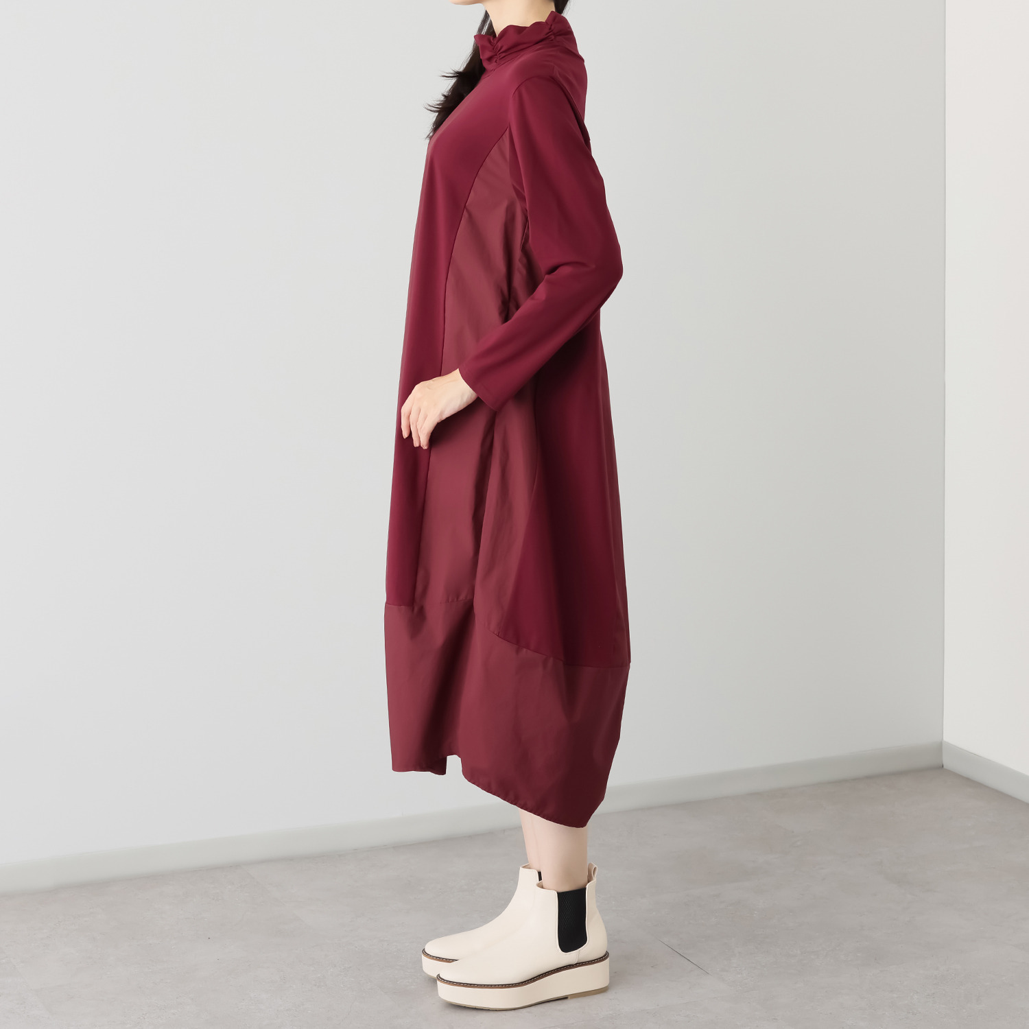 ベルポニー 異素材コンビ バルーンシルエット パネル切替 デザインワンピース