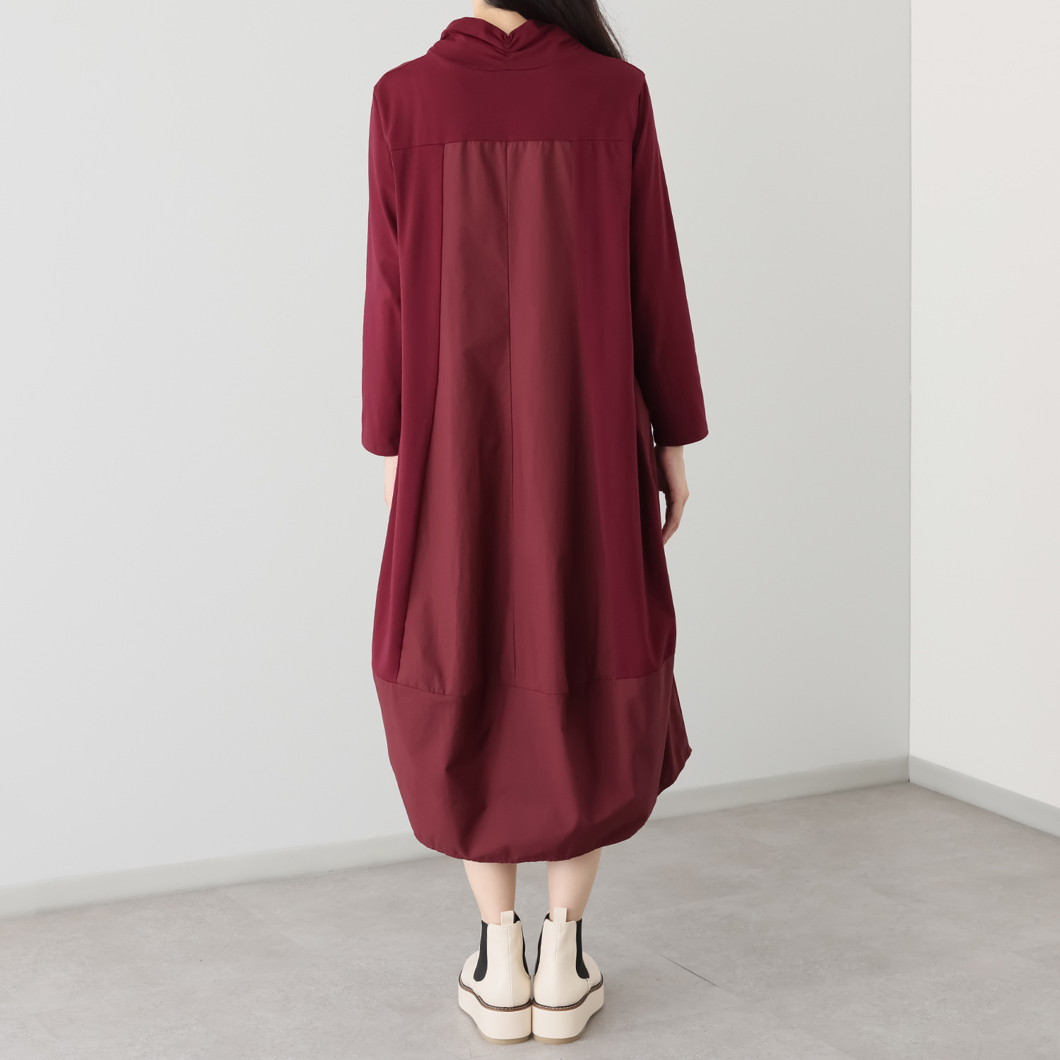 ベルポニー 異素材コンビ バルーンシルエット パネル切替 デザインワンピース