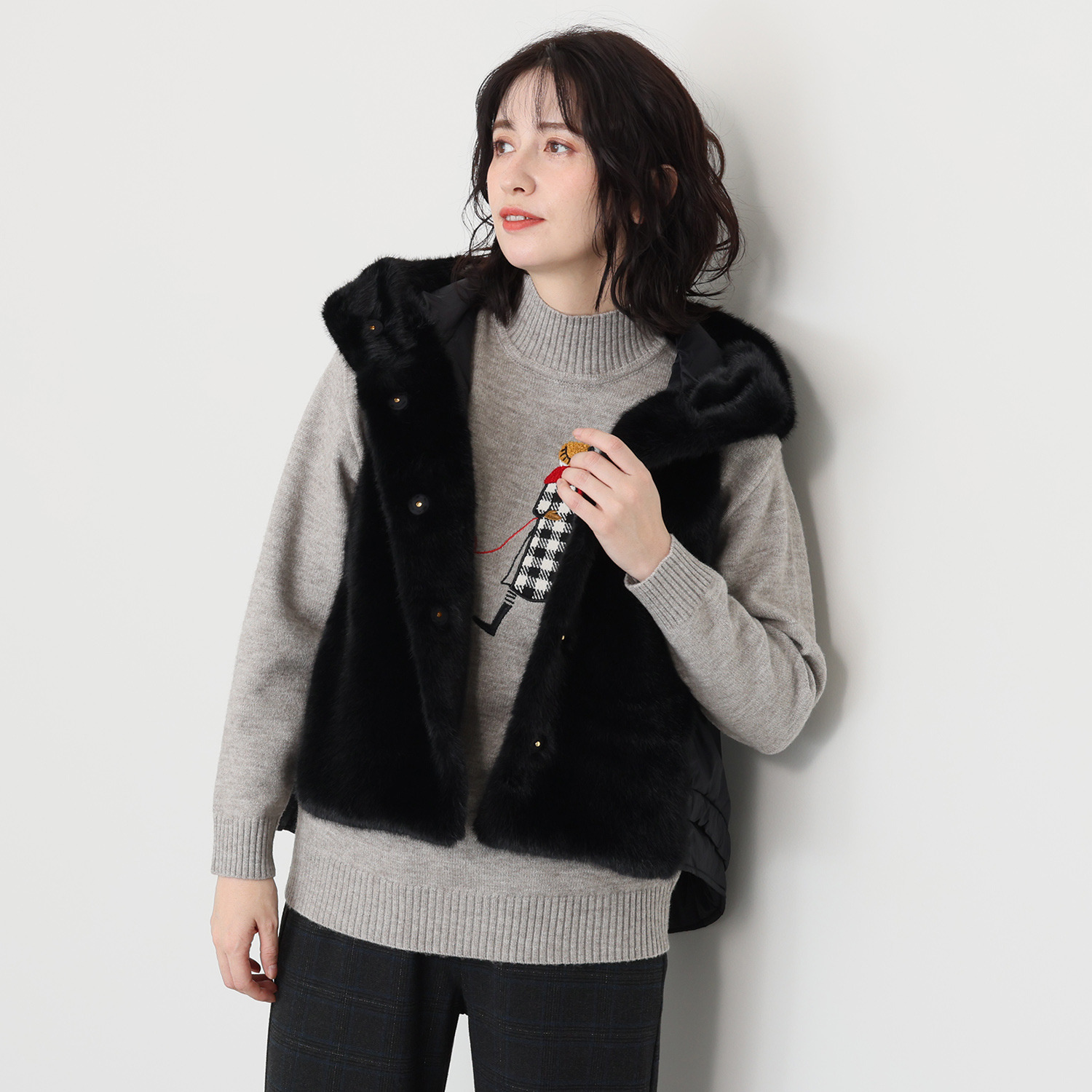 ハッシュパピー フェイクファー切替 中わたベスト