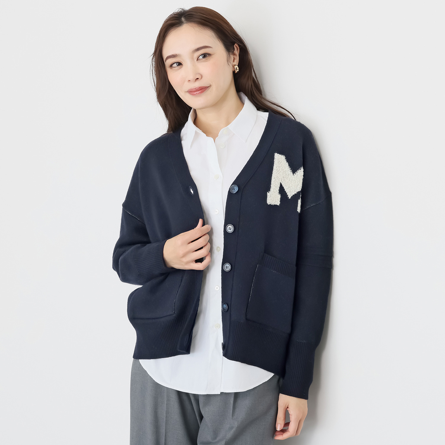 亀　恭子セレクト！ マルティジャーニ 日本製 ウール混ジャガード編 レタードカーディガン