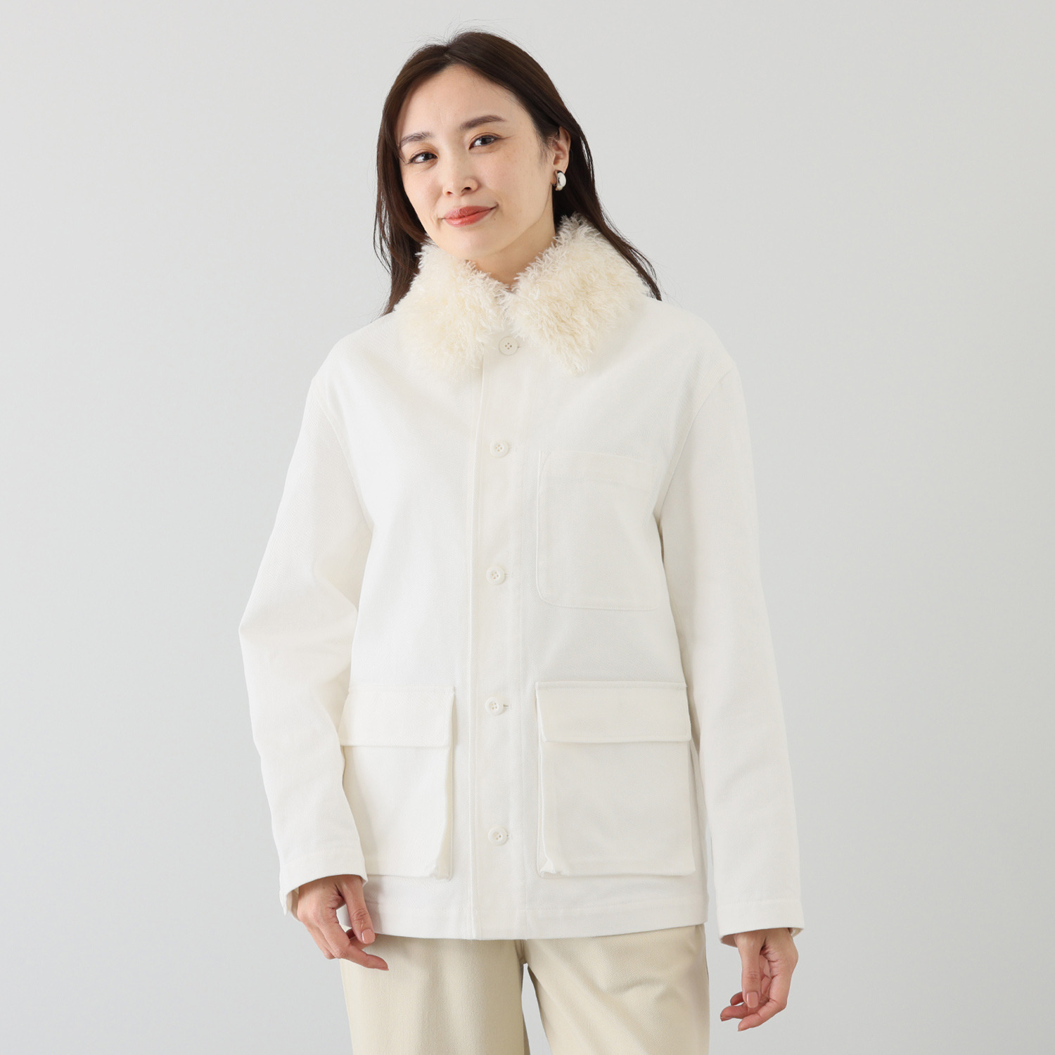 シャビージェンティール フェイクファー付 カジュアル カバーオールジャケット