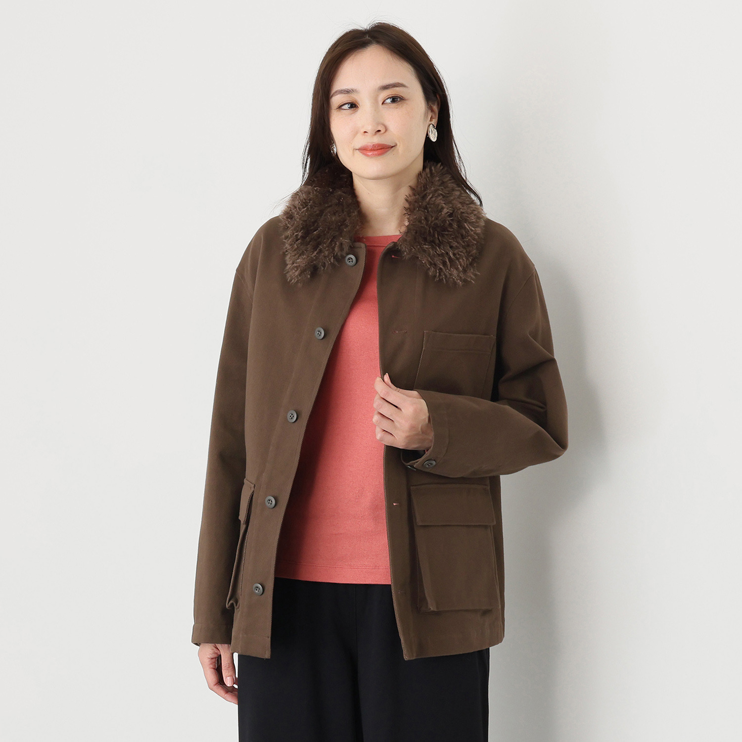 シャビージェンティール フェイクファー付 カジュアル カバーオールジャケット