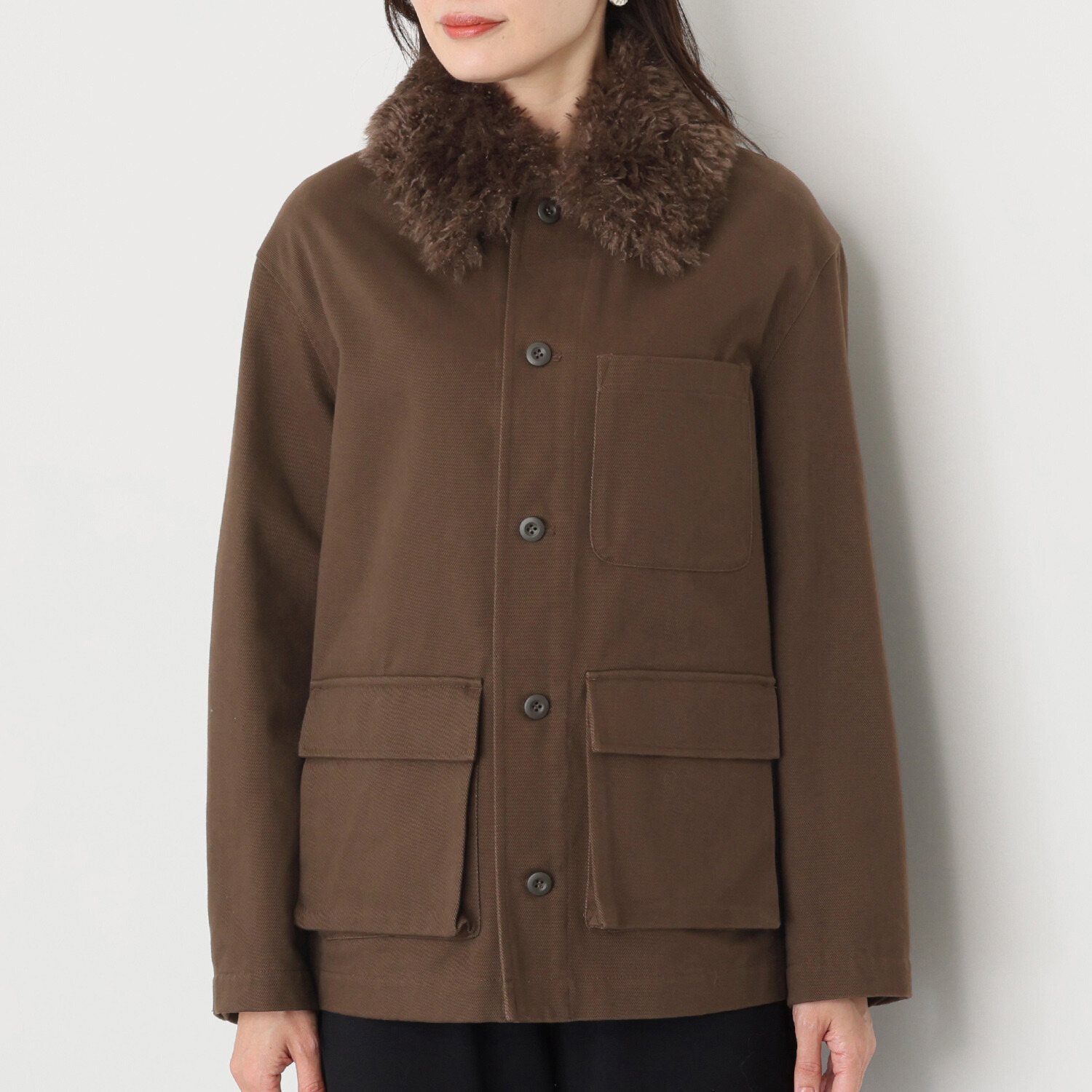 シャビージェンティール フェイクファー付 カジュアル カバーオールジャケット