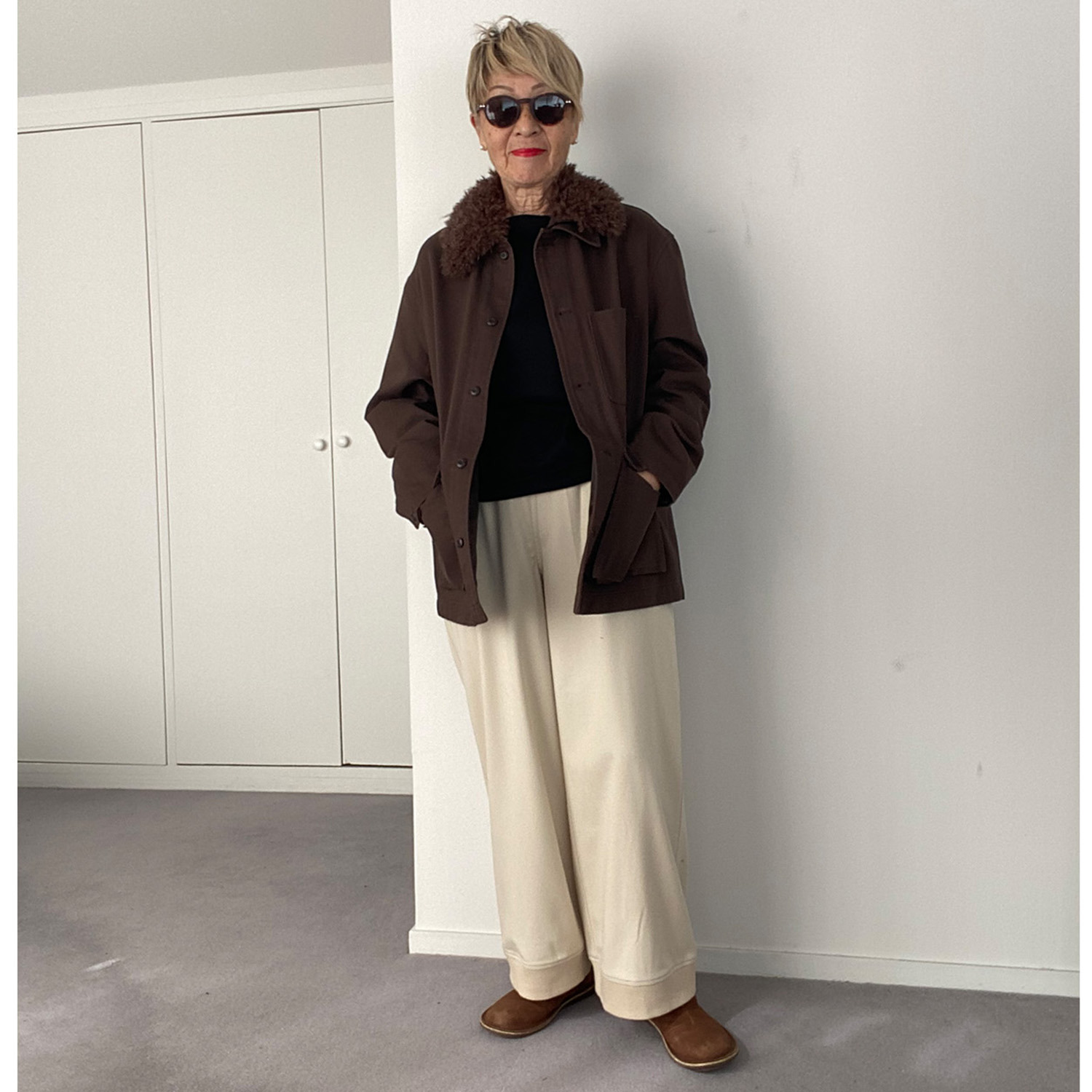 シャビージェンティール フェイクファー付 カジュアル カバーオールジャケット