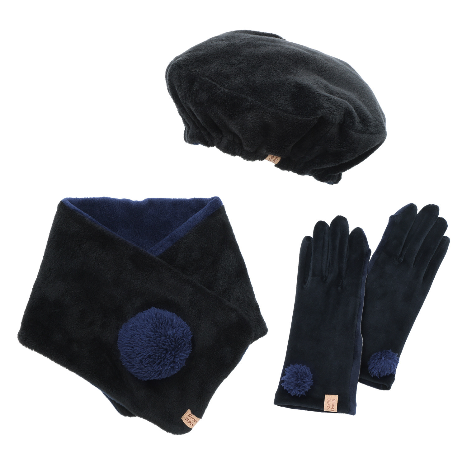 グローブデポ ストレッチベロア生地 指出る手袋とベレー帽＆ ショートマフラー ３点セット