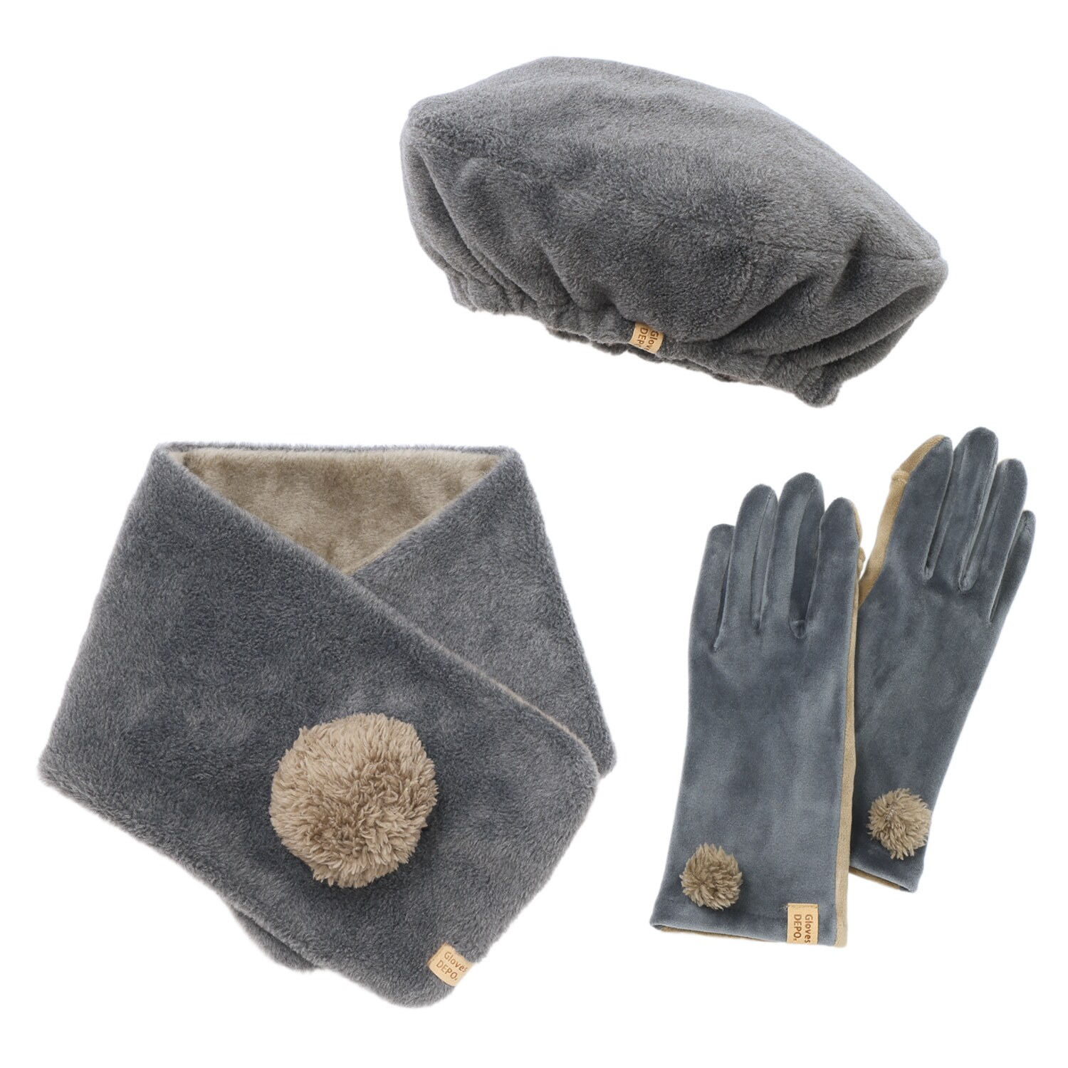 グローブデポ ストレッチベロア生地 指出る手袋とベレー帽＆ ショートマフラー ３点セット