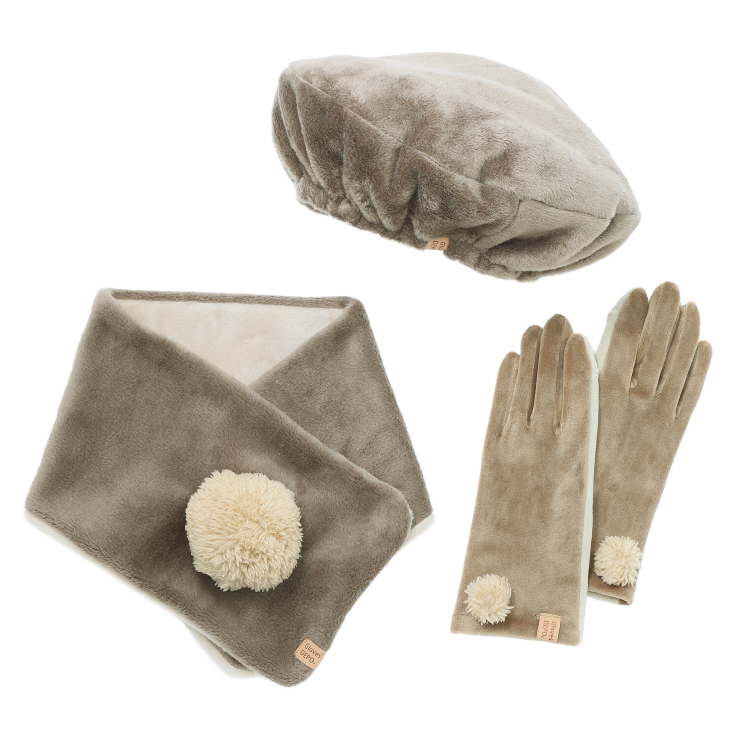 グローブデポ ストレッチベロア生地 指出る手袋とベレー帽＆ ショートマフラー ３点セット