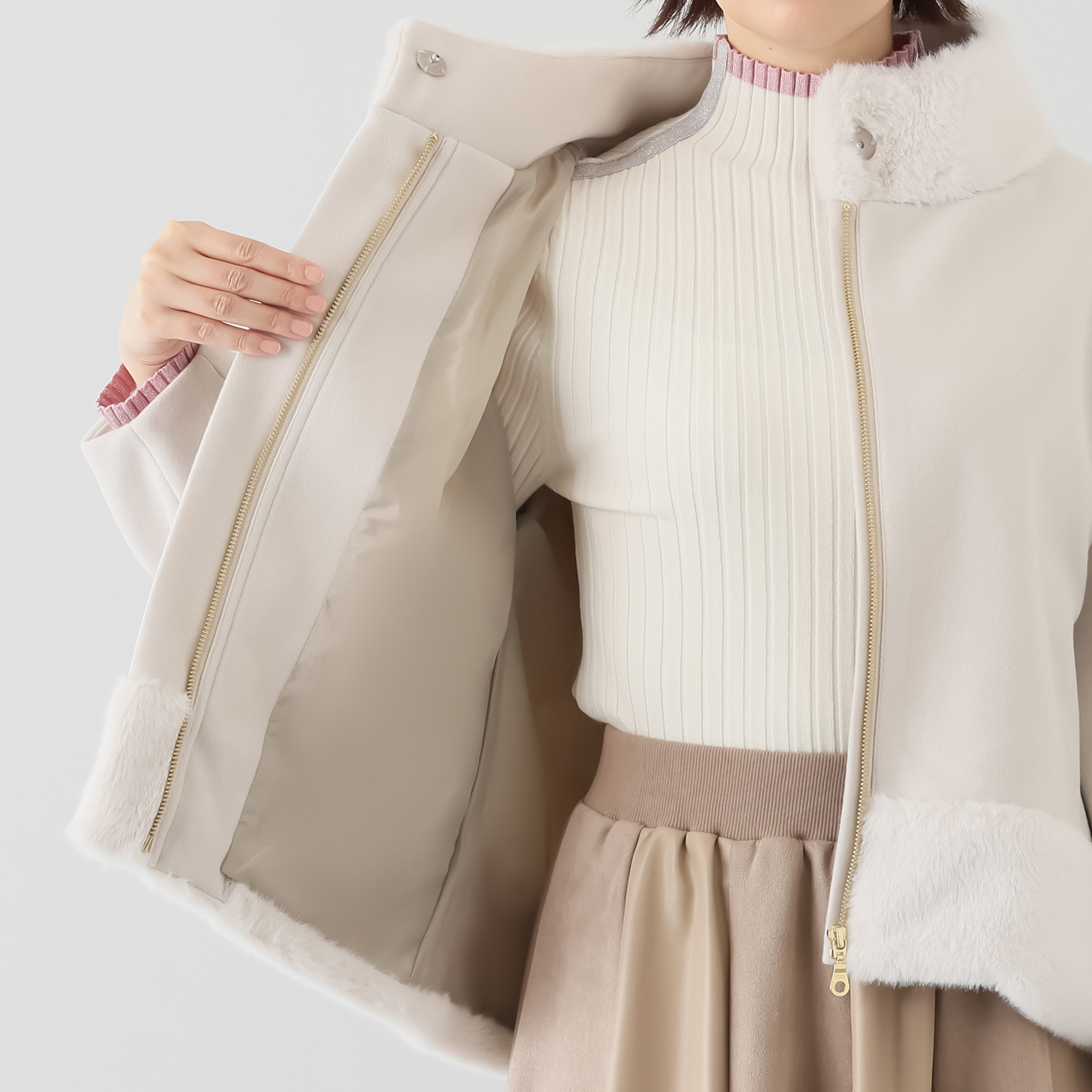 ラヴィーコンフォート ミンク調エコファー＆ ウールライクフラノＭＩＸ エレガントでガーリーな ジャケット