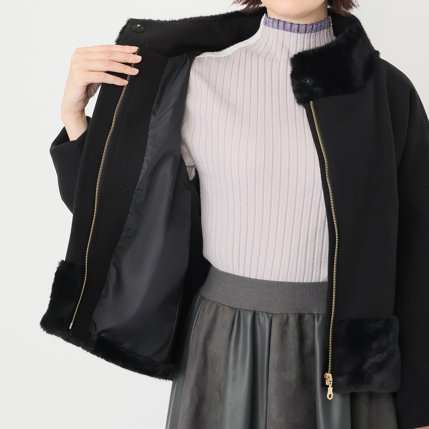 ラヴィーコンフォート ミンク調エコファー＆ ウールライクフラノＭＩＸ エレガントでガーリーな ジャケット