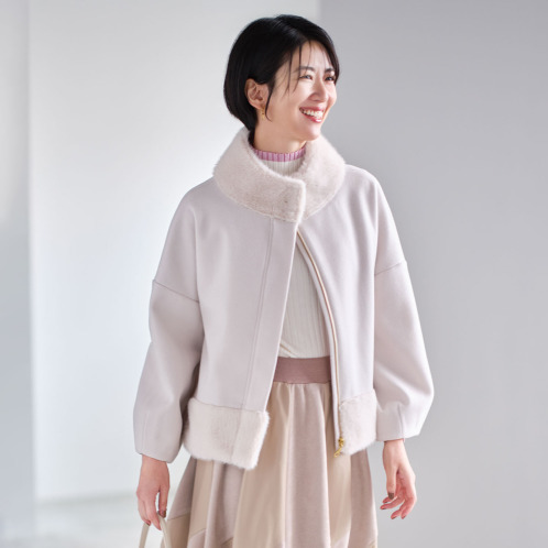 ラヴィーコンフォート ミンク調エコファー& ウールライクフラノMIX エレガントでガーリーな ジャケット ラヴィーコンフォート ミンク調エコファー& ウールライクフラノMIX エレガントでガーリーな ジャケット