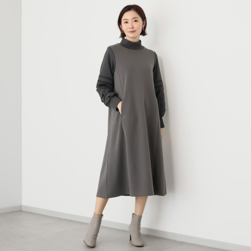 ラヴィーコンフォート レース& ピンタックアクセント 異素材MIX ハイネックワンピース ラヴィーコンフォート レース& ピンタックアクセント 異素材MIX ハイネックワンピース