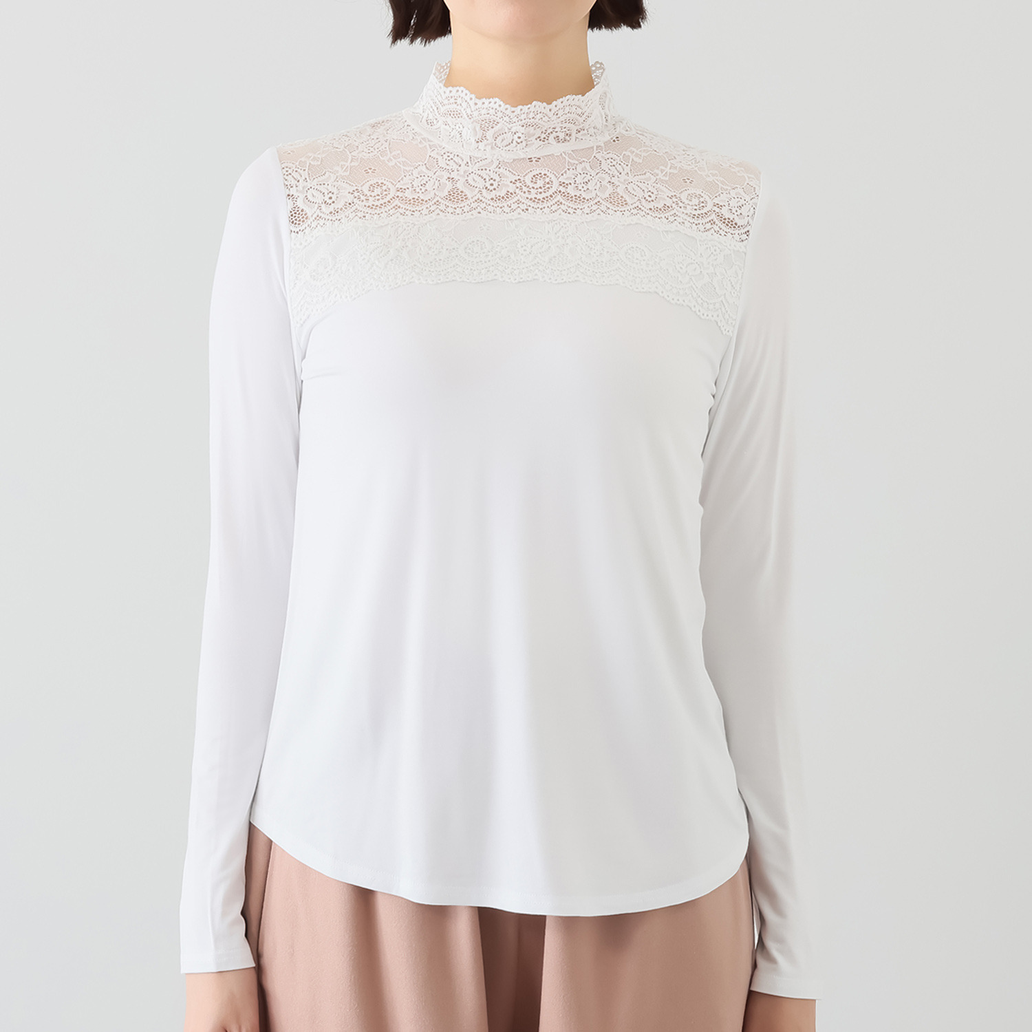 オトナノクラシ 大人の レース付 ハイネック長袖Ｔシャツ