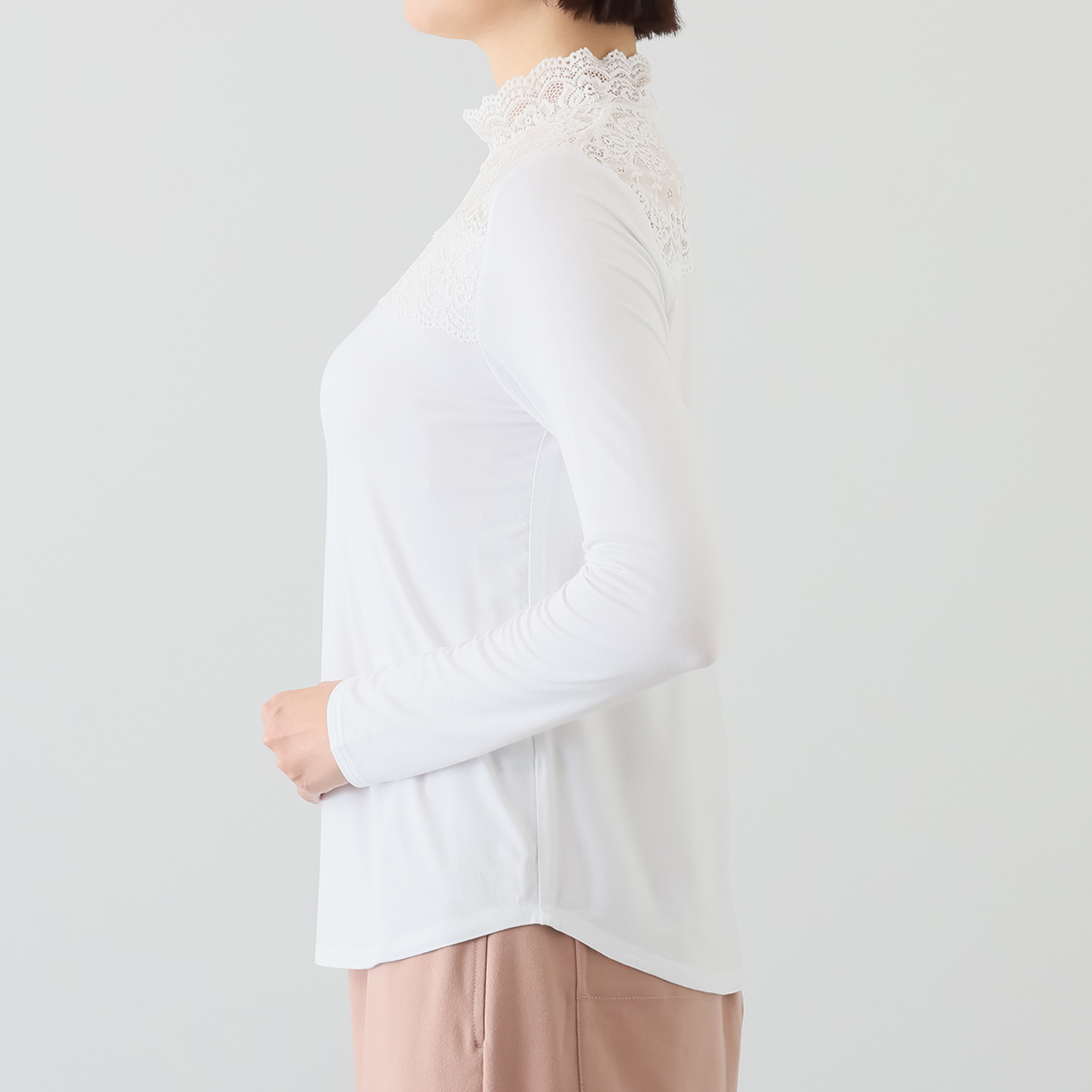 オトナノクラシ 大人の レース付 ハイネック長袖Ｔシャツ