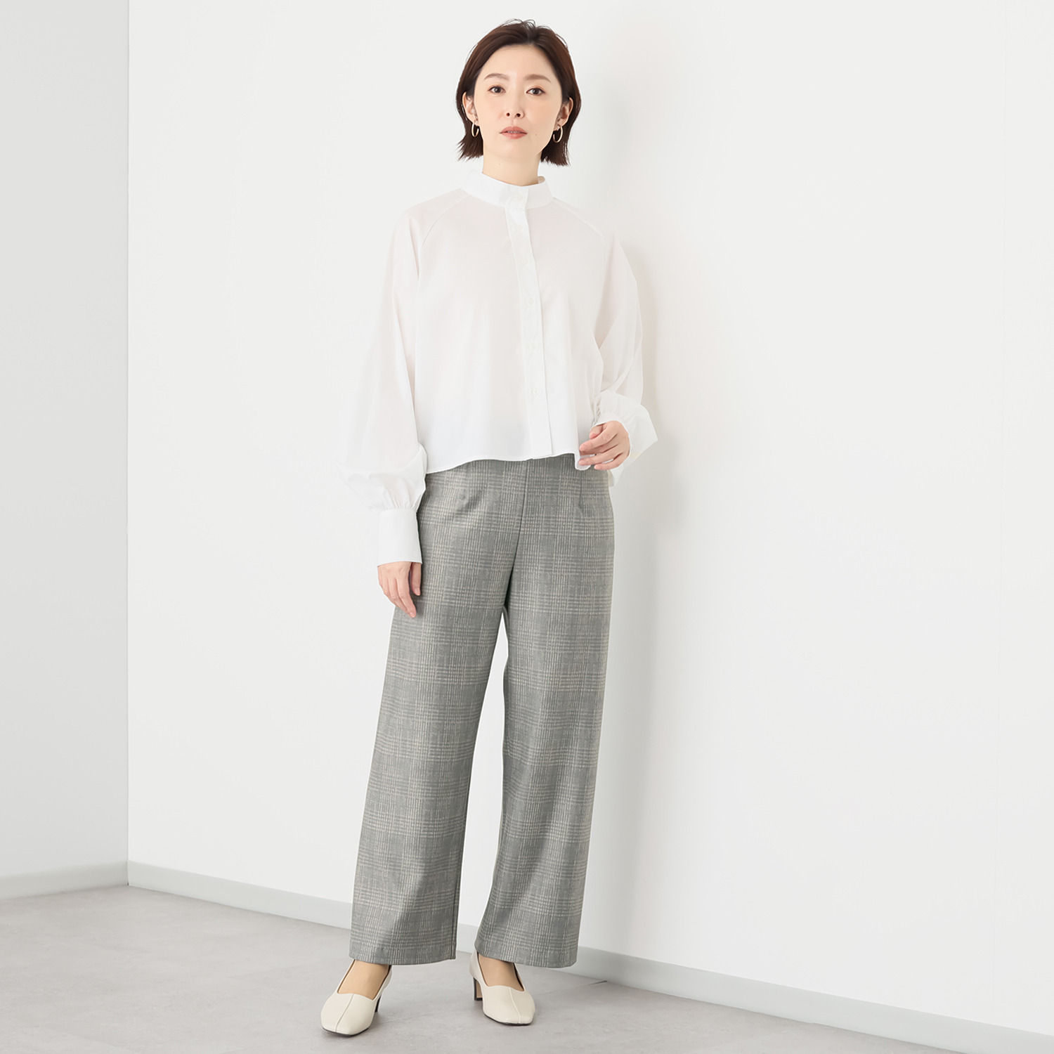 ピーツー チェックプリント 裏微起毛セミワイドパンツ