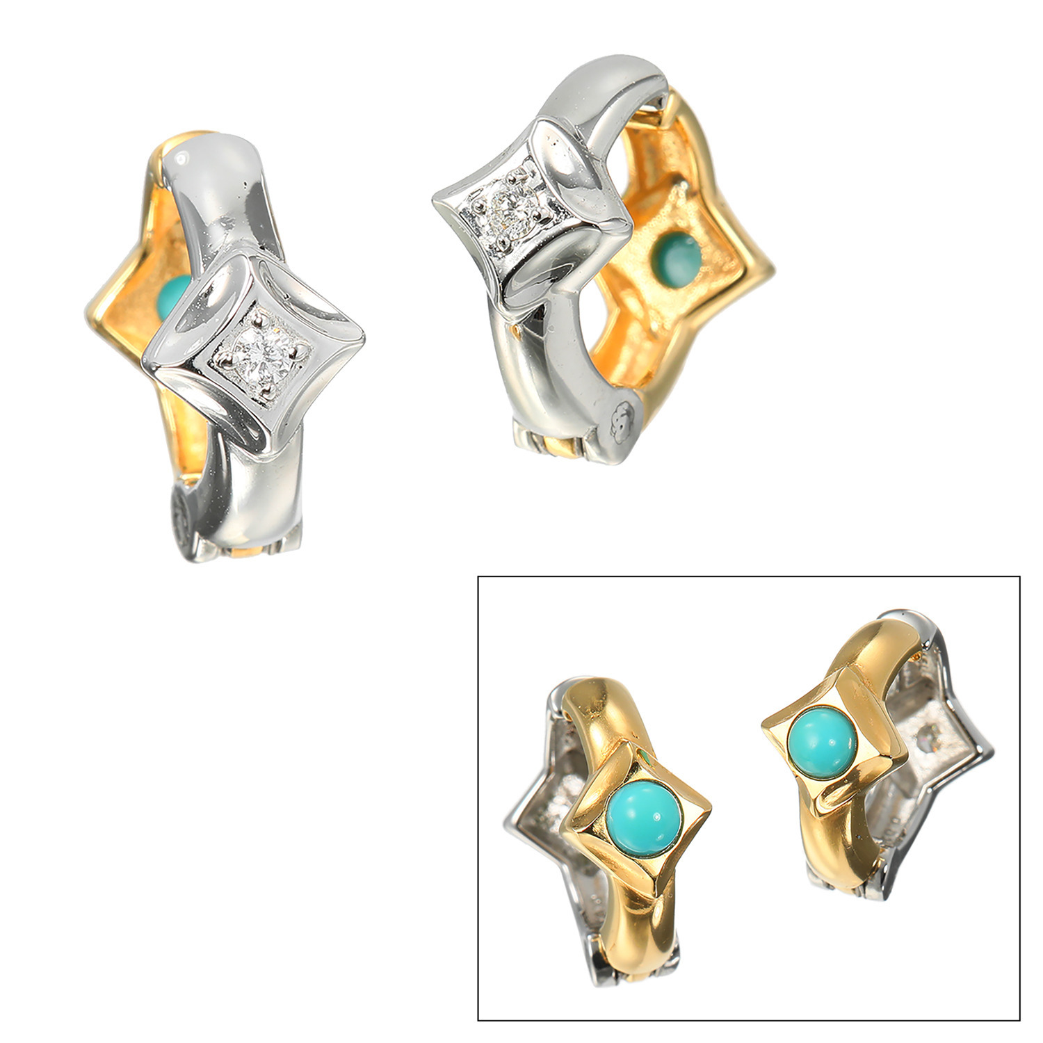 リノン サージカルステンレス ダイヤモンド＆ターコイズ バイカラー リバーシブルイヤリング “ミミソフト”