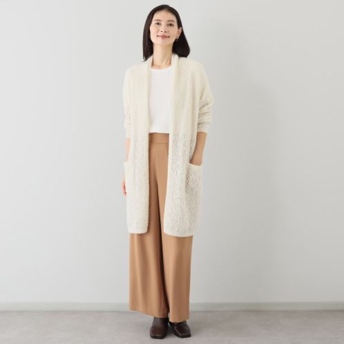 アズイズ ビーマイセルフ バイ ネイチャーズ ベビーアルパカ混ブークレ ラメ使い 透かし柄コーディガン アズイズ ビーマイセルフ バイ ネイチャーズ ベビーアルパカ混ブークレ ラメ使い 透かし柄コーディガン