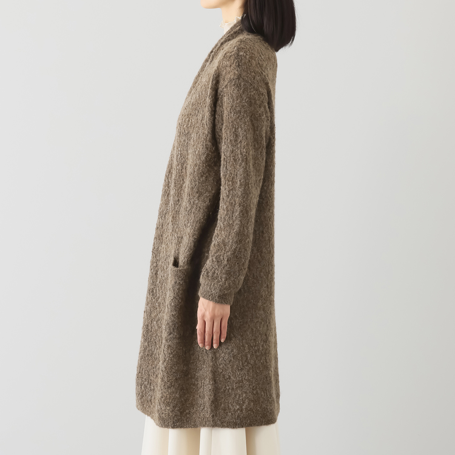 アズイズ　ビーマイセルフ バイ　ネイチャーズ ベビーアルパカ混ブークレ ラメ使い 透かし柄コーディガン