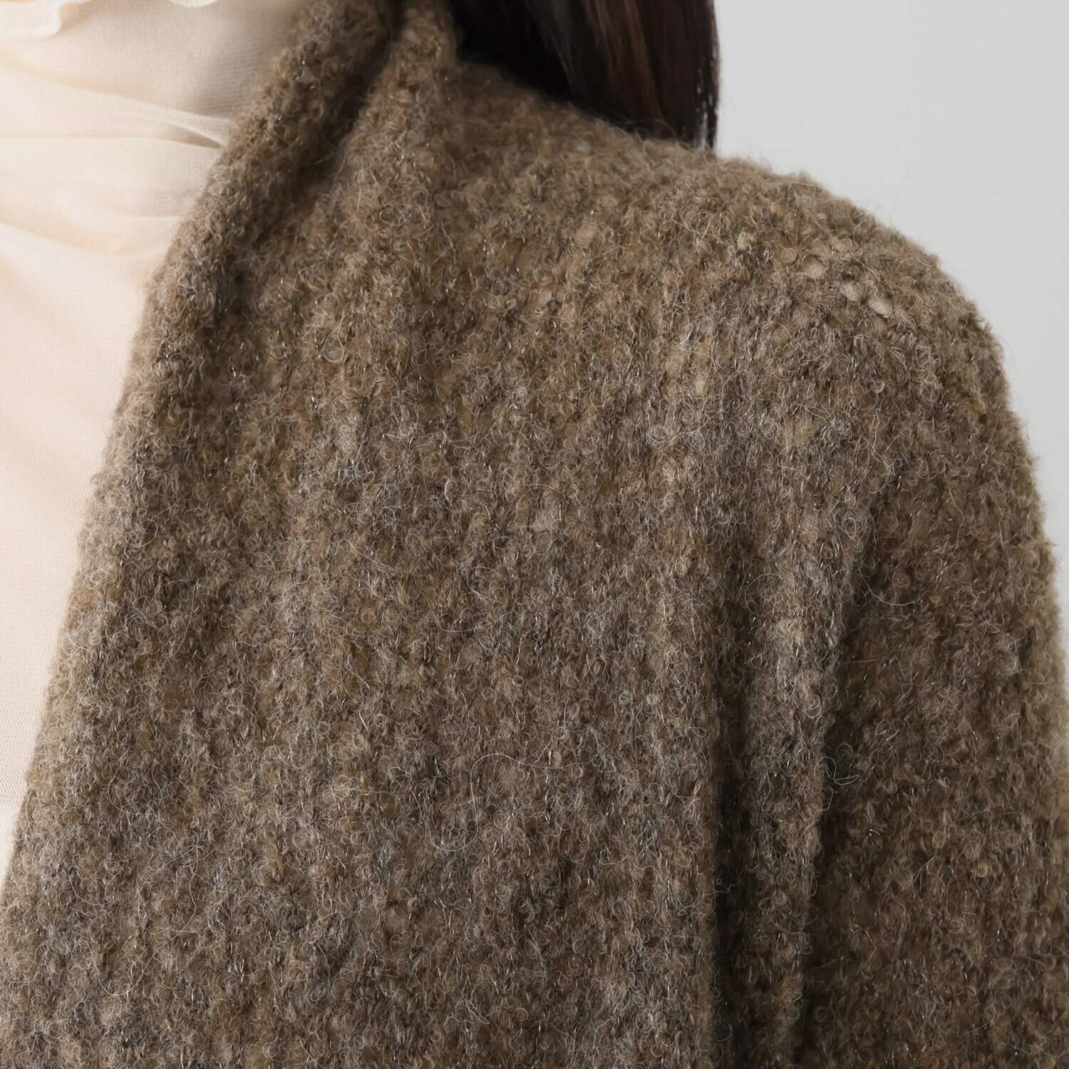アズイズ　ビーマイセルフ バイ　ネイチャーズ ベビーアルパカ混ブークレ ラメ使い 透かし柄コーディガン