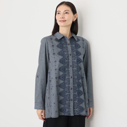 ダジュール ストライプデニム 刺しゅうブラウス ダジュール ストライプデニム 刺しゅうブラウス