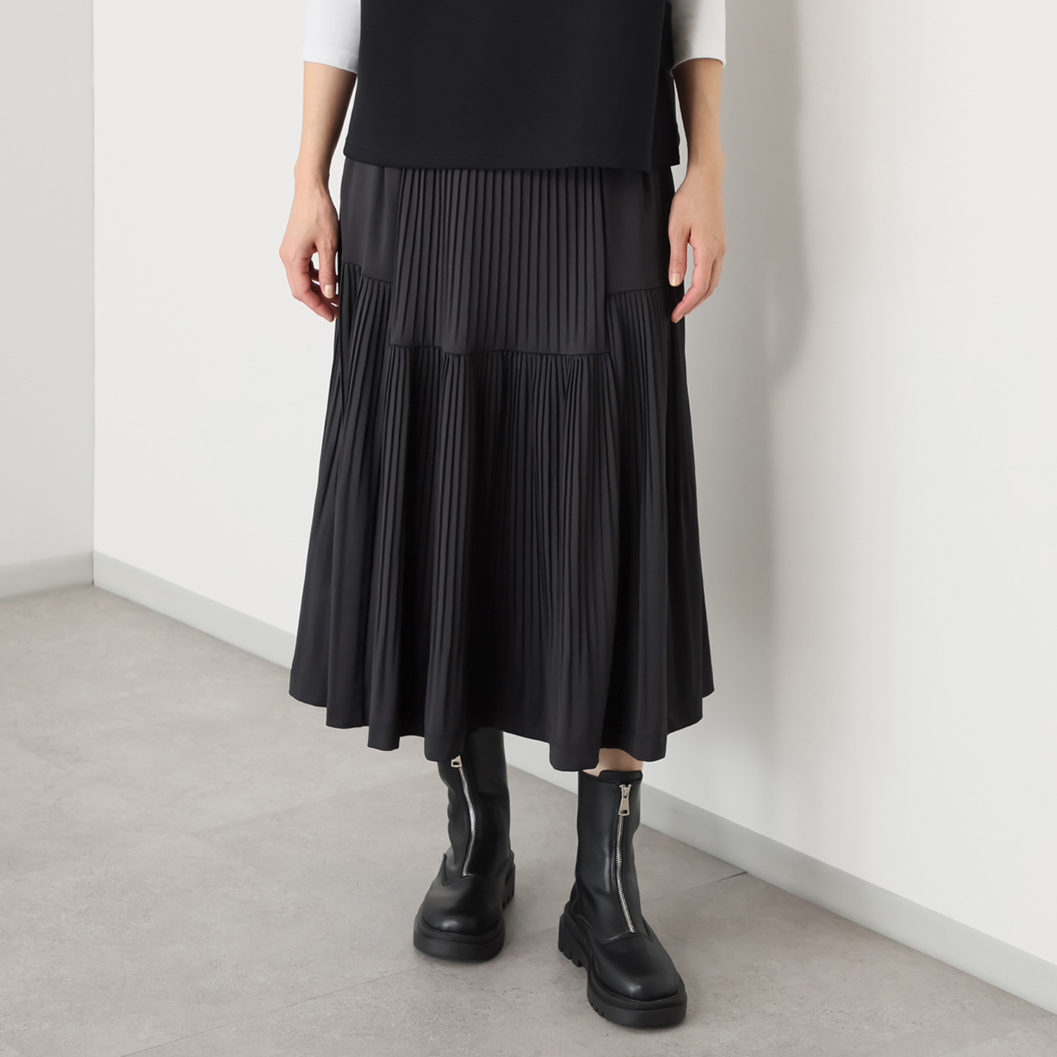 ヨーコモリモト プリーツ＆ティアード ２ウェイデザイン ロングスカート