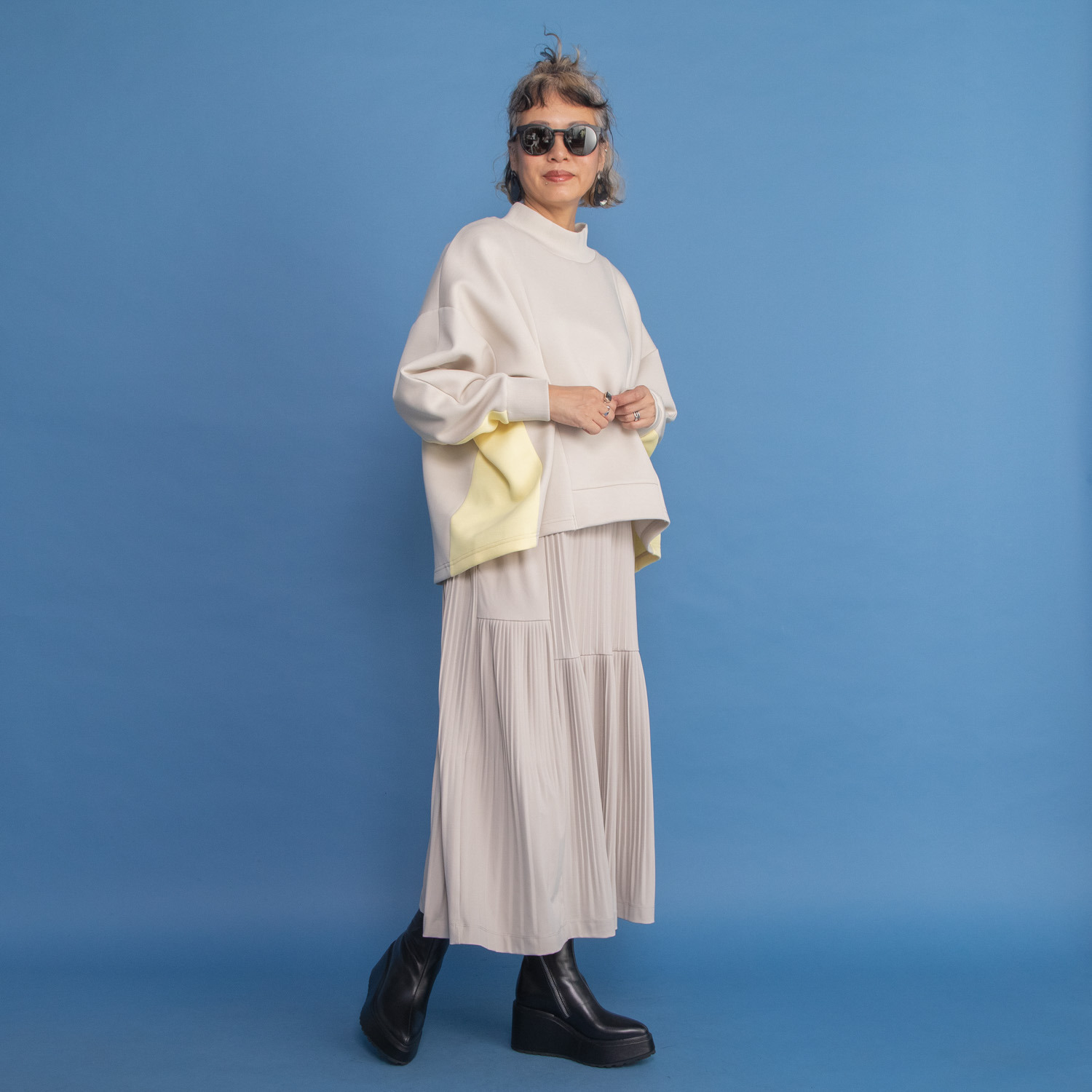 ヨーコモリモト プリーツ＆ティアード ２ウェイデザイン ロングスカート