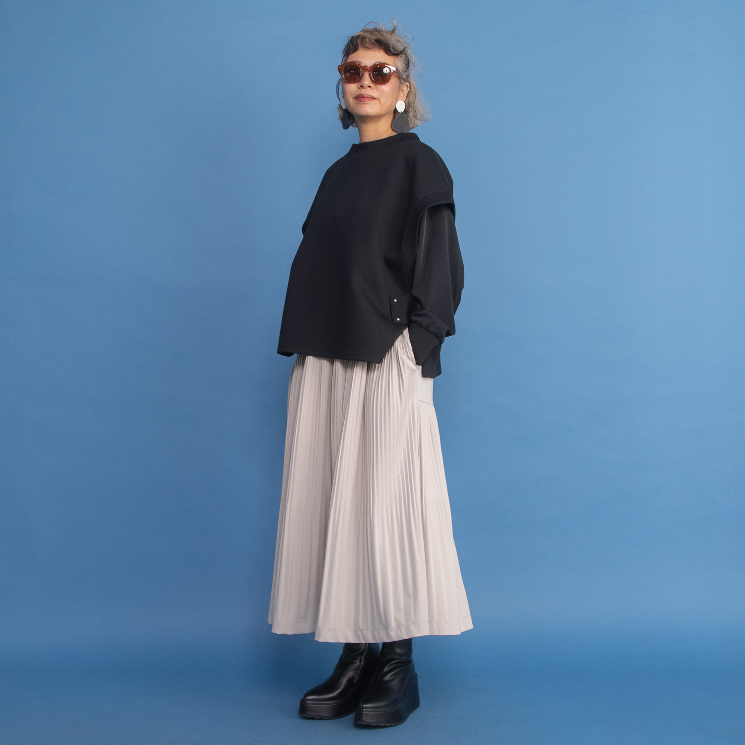 ヨーコモリモト プリーツ＆ティアード ２ウェイデザイン ロングスカート