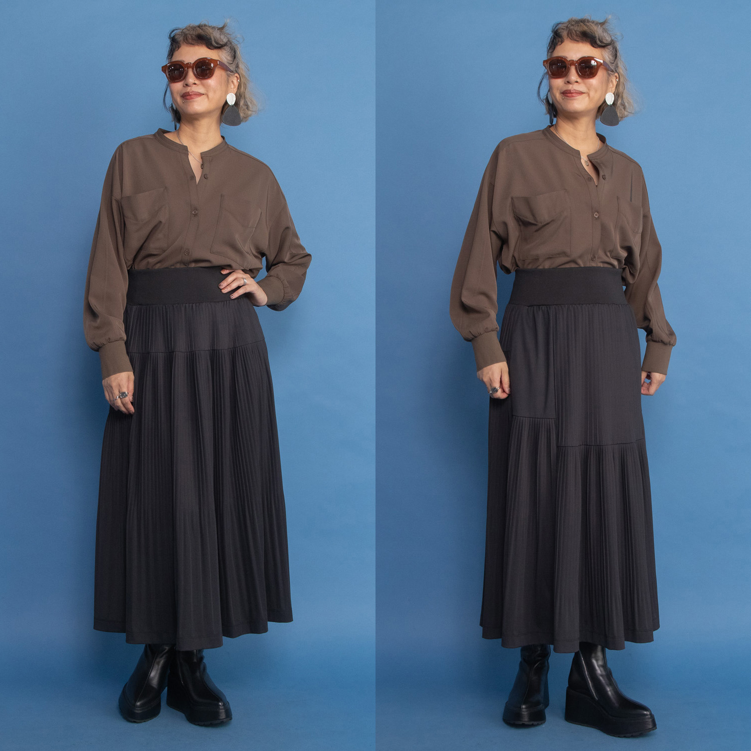 ヨーコモリモト プリーツ＆ティアード ２ウェイデザイン ロングスカート