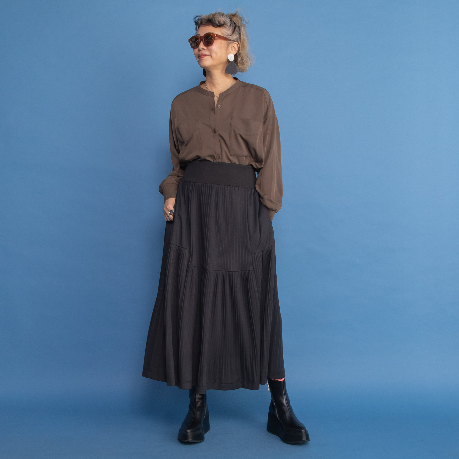 ヨーコモリモト プリーツ＆ティアード ２ウェイデザイン ロングスカート