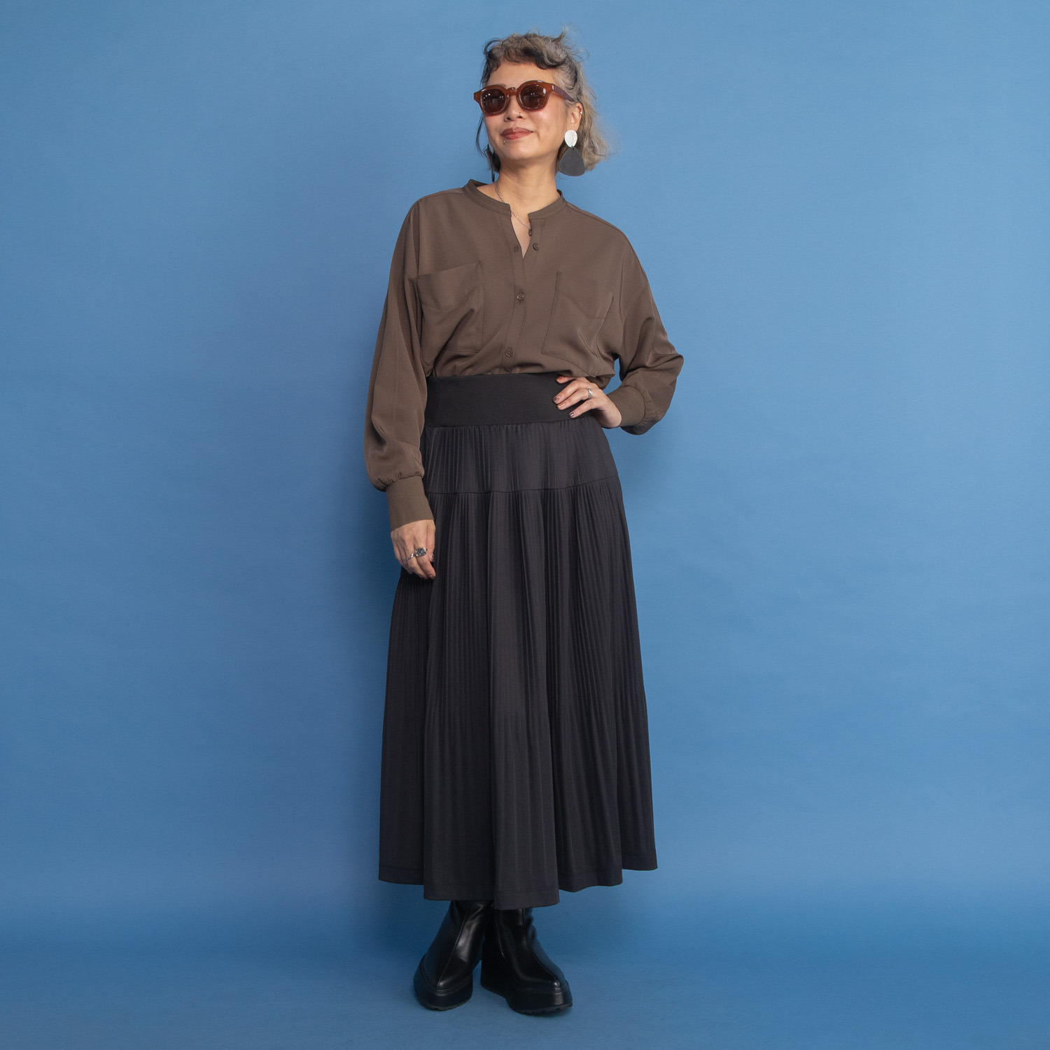 ヨーコモリモト プリーツ＆ティアード ２ウェイデザイン ロングスカート