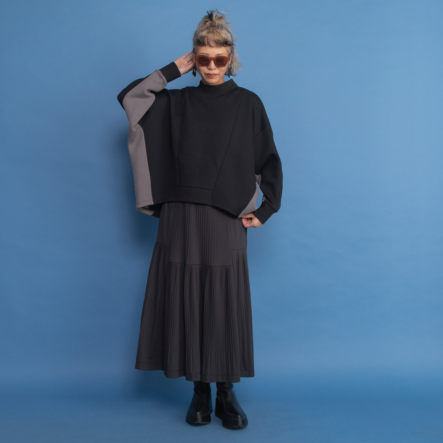 ヨーコモリモト プリーツ＆ティアード ２ウェイデザイン ロングスカート