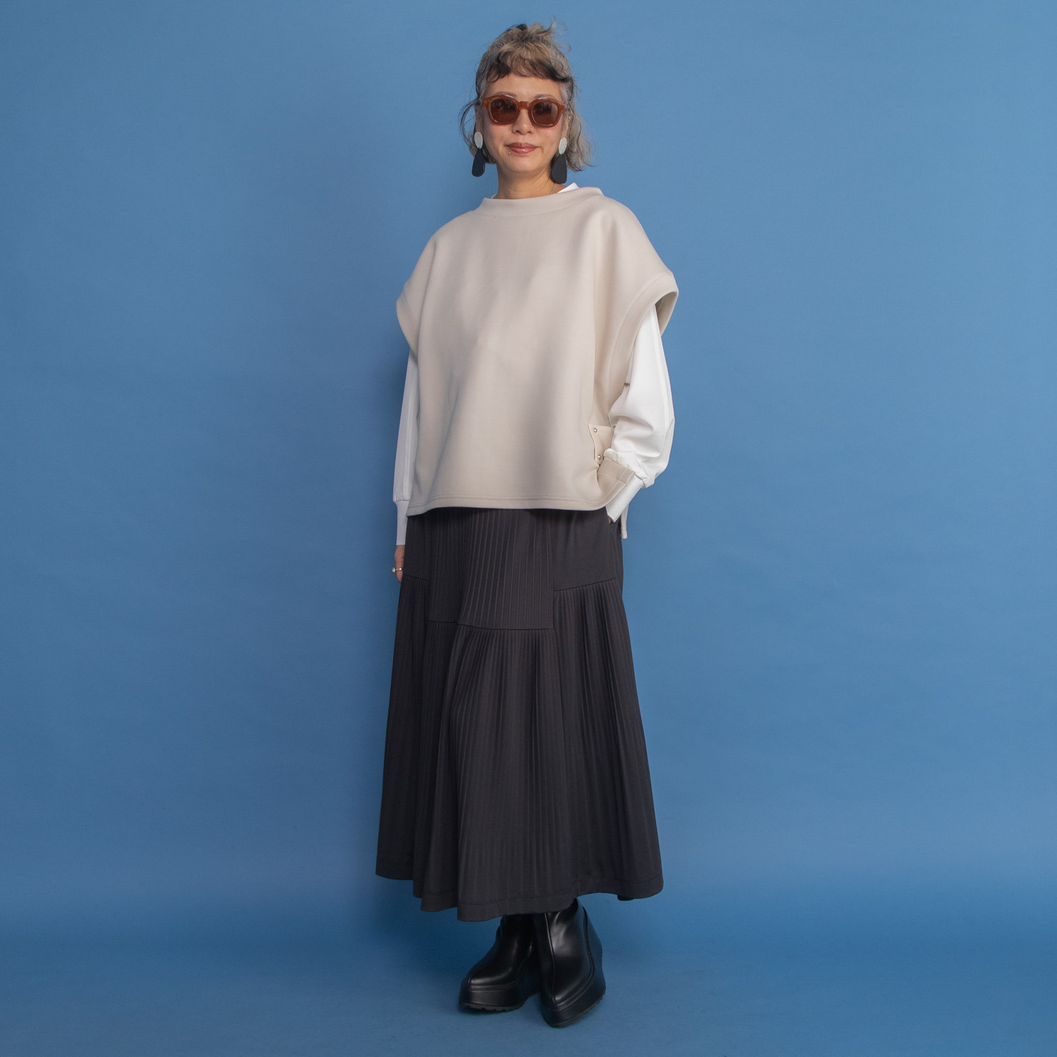 ヨーコモリモト プリーツ＆ティアード ２ウェイデザイン ロングスカート