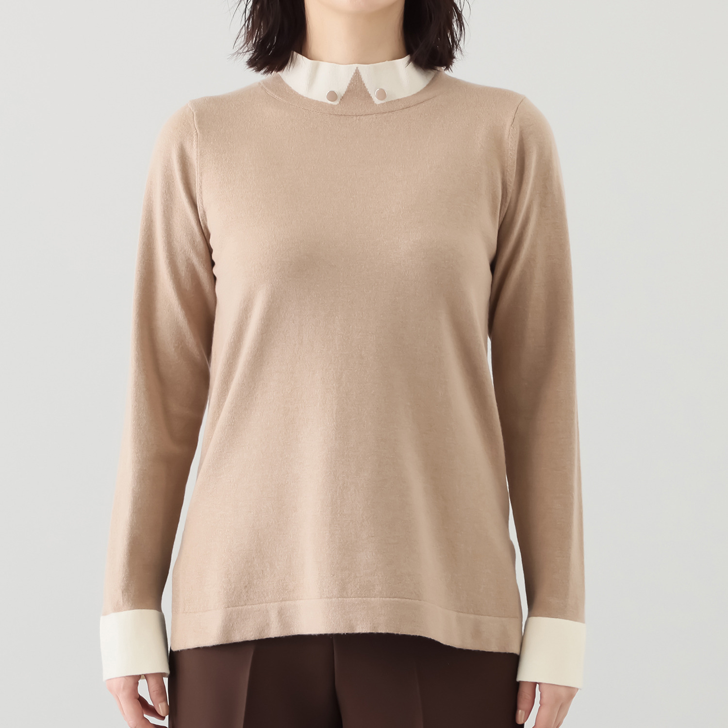 バーチ　ドゥエ 快適着心地！ トロンプルイユ スタンドボタンダウン風 ニットプルオーバー