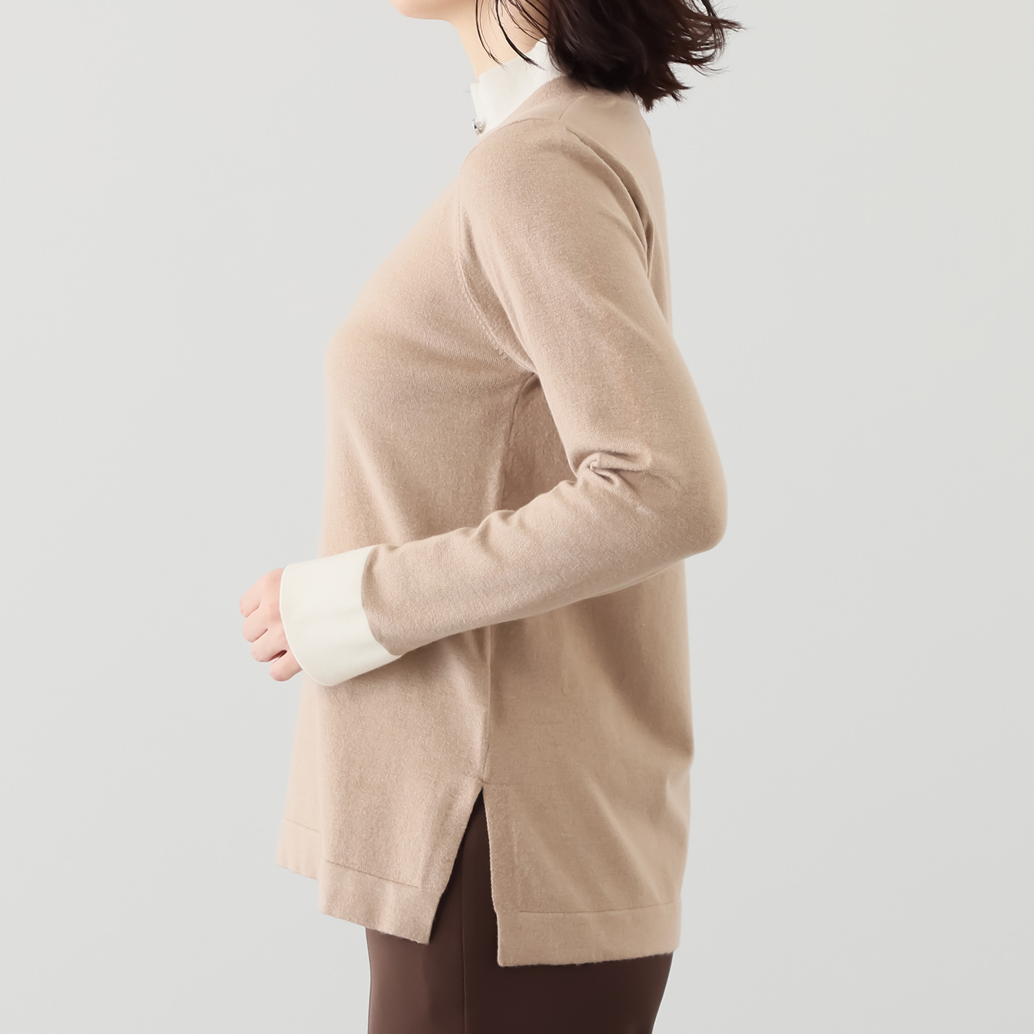 バーチ　ドゥエ 快適着心地！ トロンプルイユ スタンドボタンダウン風 ニットプルオーバー