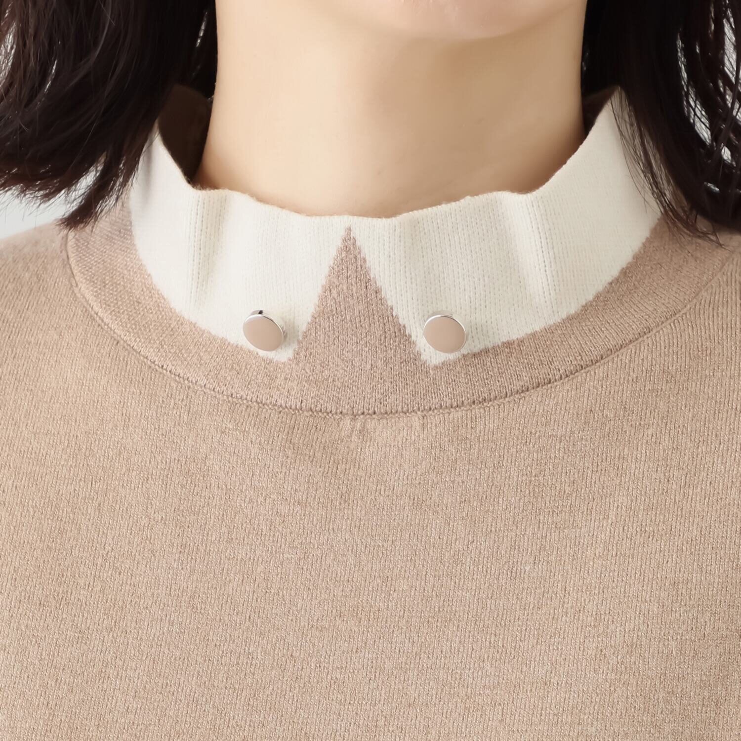 バーチ　ドゥエ 快適着心地！ トロンプルイユ スタンドボタンダウン風 ニットプルオーバー