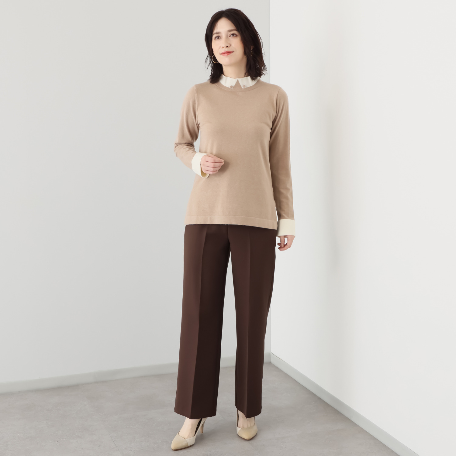 バーチ　ドゥエ 快適着心地！ トロンプルイユ スタンドボタンダウン風 ニットプルオーバー