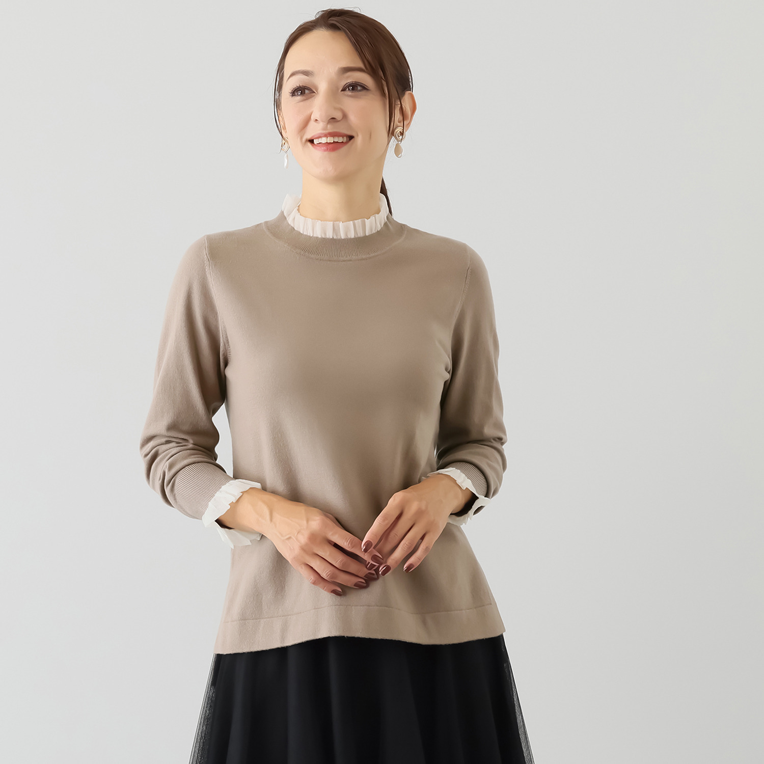 マイジュジュ 一枚で決まる！ オーガンジーニットフリル 配色アクセント ニットプルオーバー