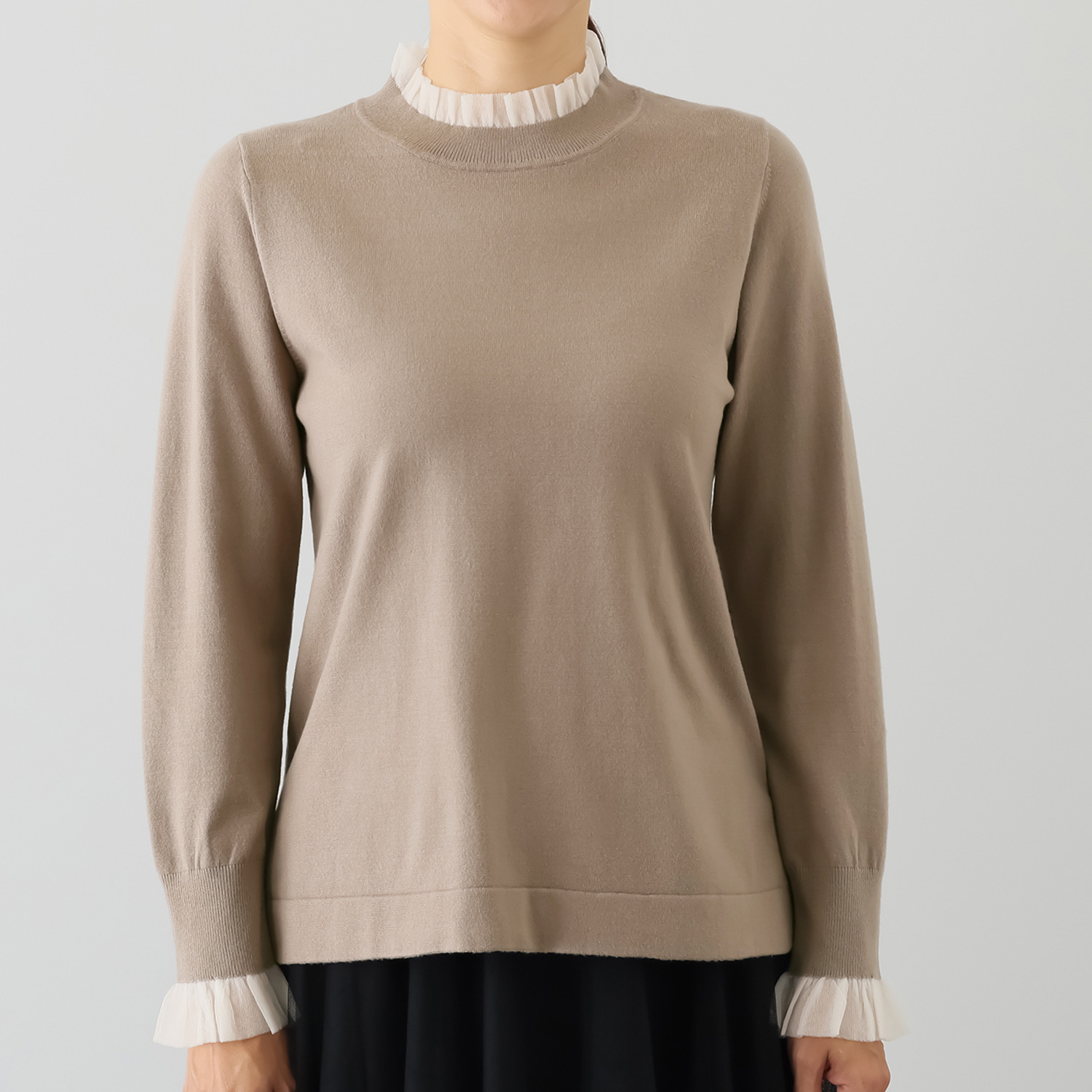 マイジュジュ 一枚で決まる！ オーガンジーニットフリル 配色アクセント ニットプルオーバー