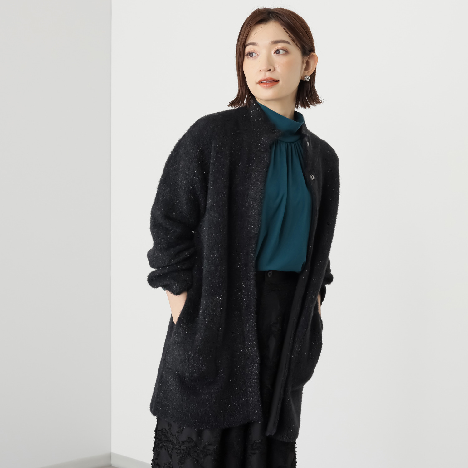 トマケトマ シャギーラメ スタンドカラー ニットコーディガン