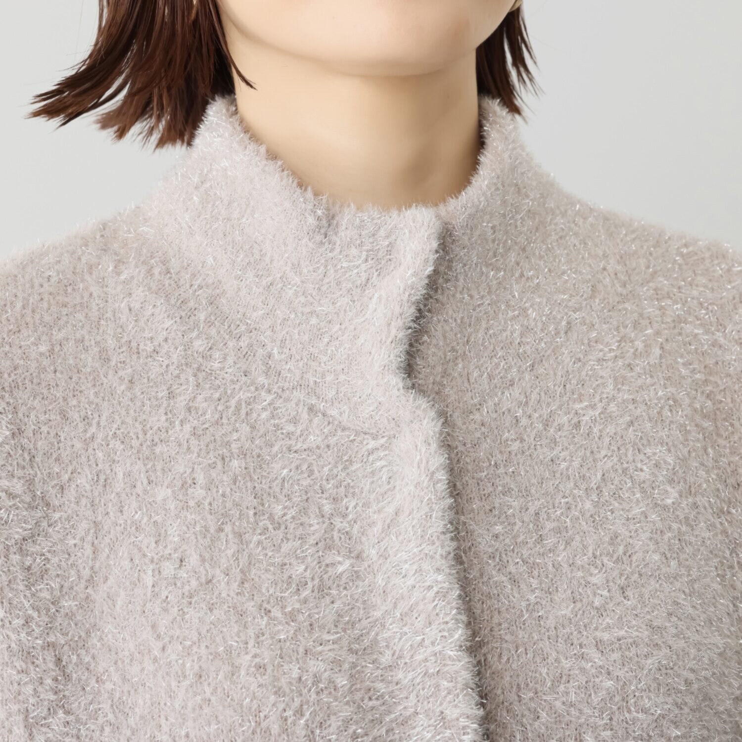 トマケトマ シャギーラメ スタンドカラー ニットコーディガン