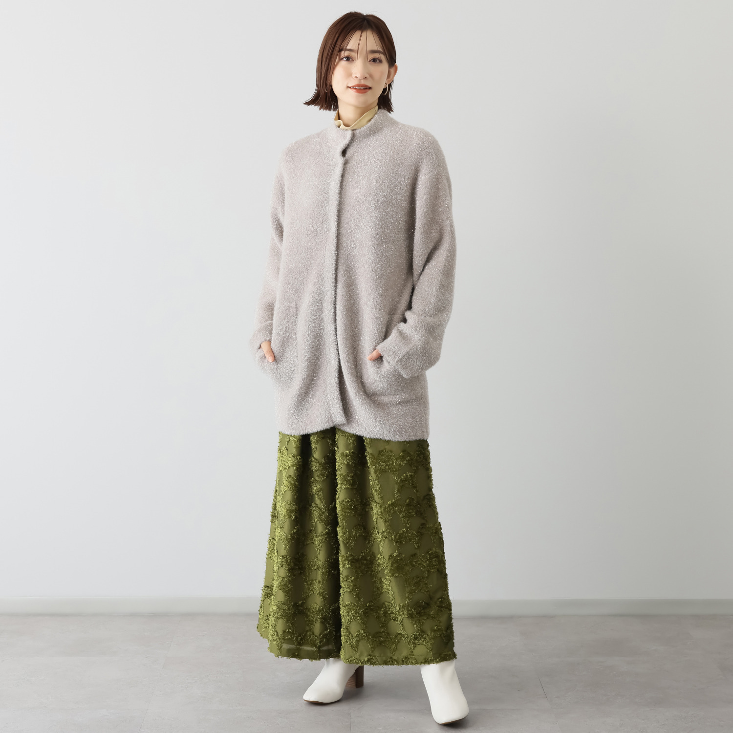 トマケトマ シャギーラメ スタンドカラー ニットコーディガン