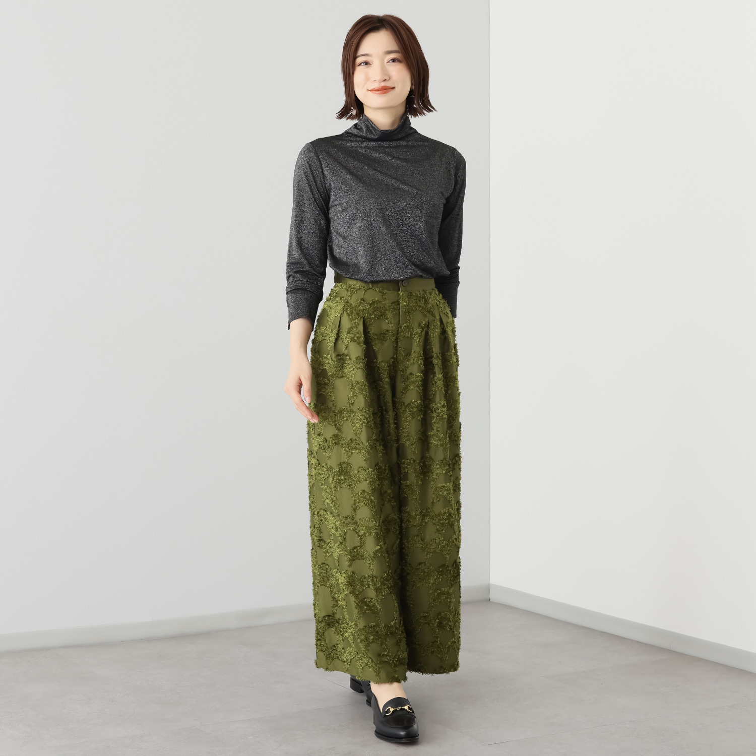 トマケトマ ジャガード ウエストサテン切替 タックワイドパンツ