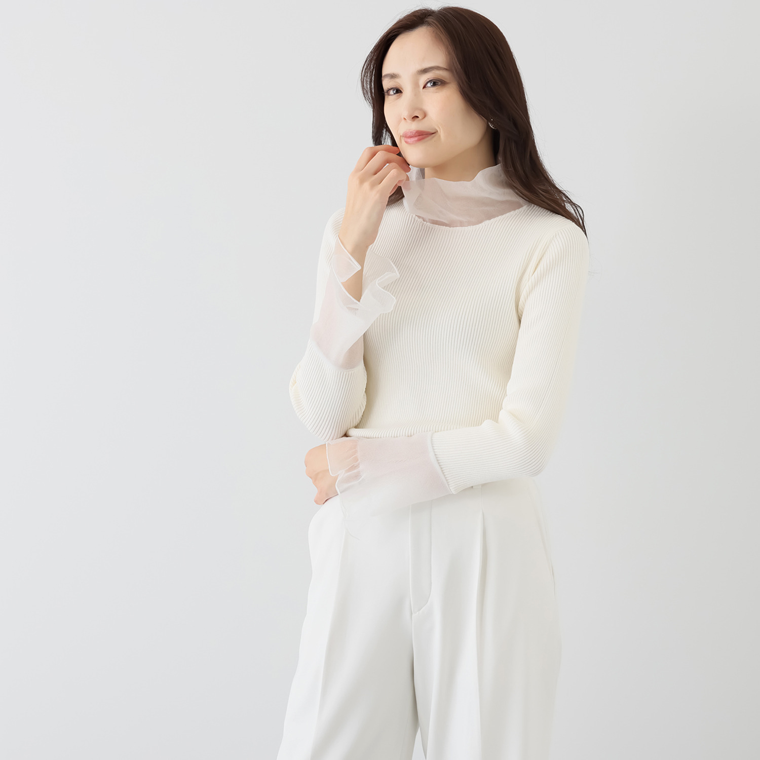 ミューリエ レディな華やぎを日常に シアーベルスリーブ ニットプルオーバー