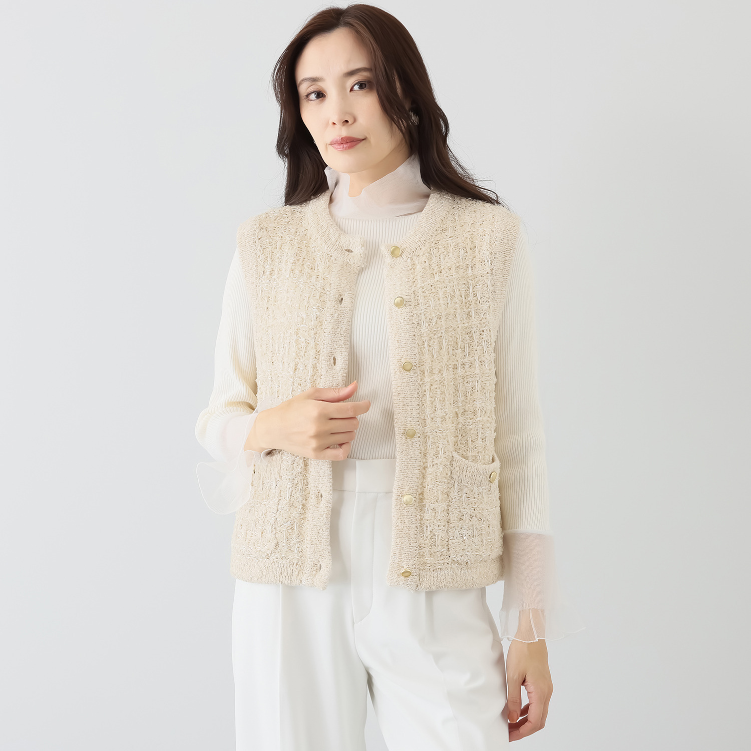 ミューリエ レトロで新しい ツイード見えニットジレ