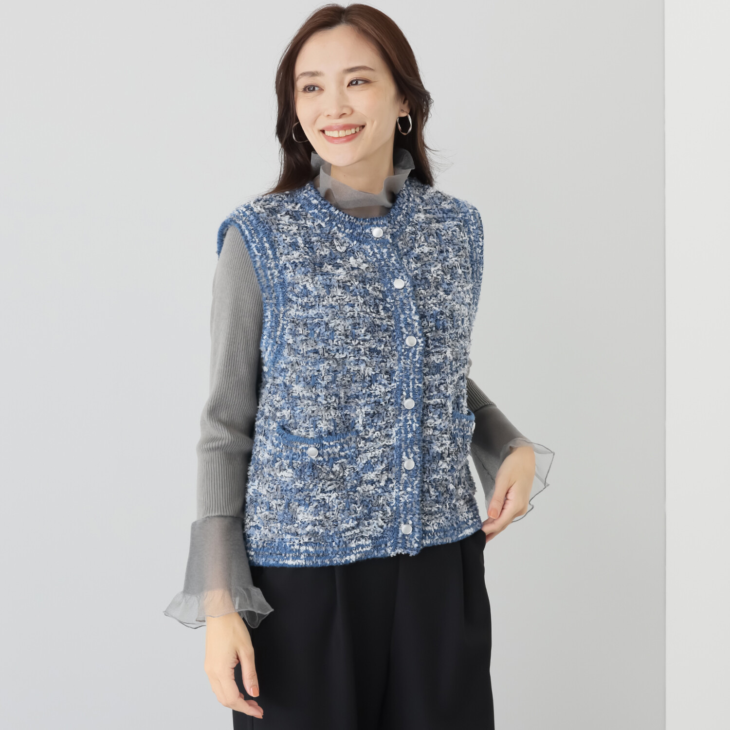 ミューリエ レトロで新しい ツイード見えニットジレ